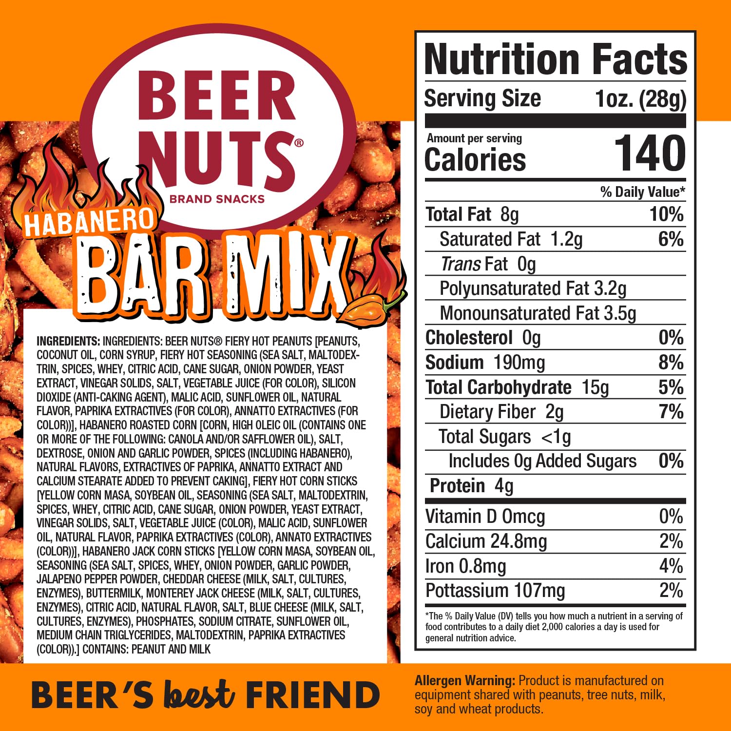 Beer Nuts Habanero Bar Mix, Fiery Hot Habanero Mix Of Peanuts, Corn Sticks & Insane Grain, Spicy Bar Mix for Any Party, Resealable Jar (12oz