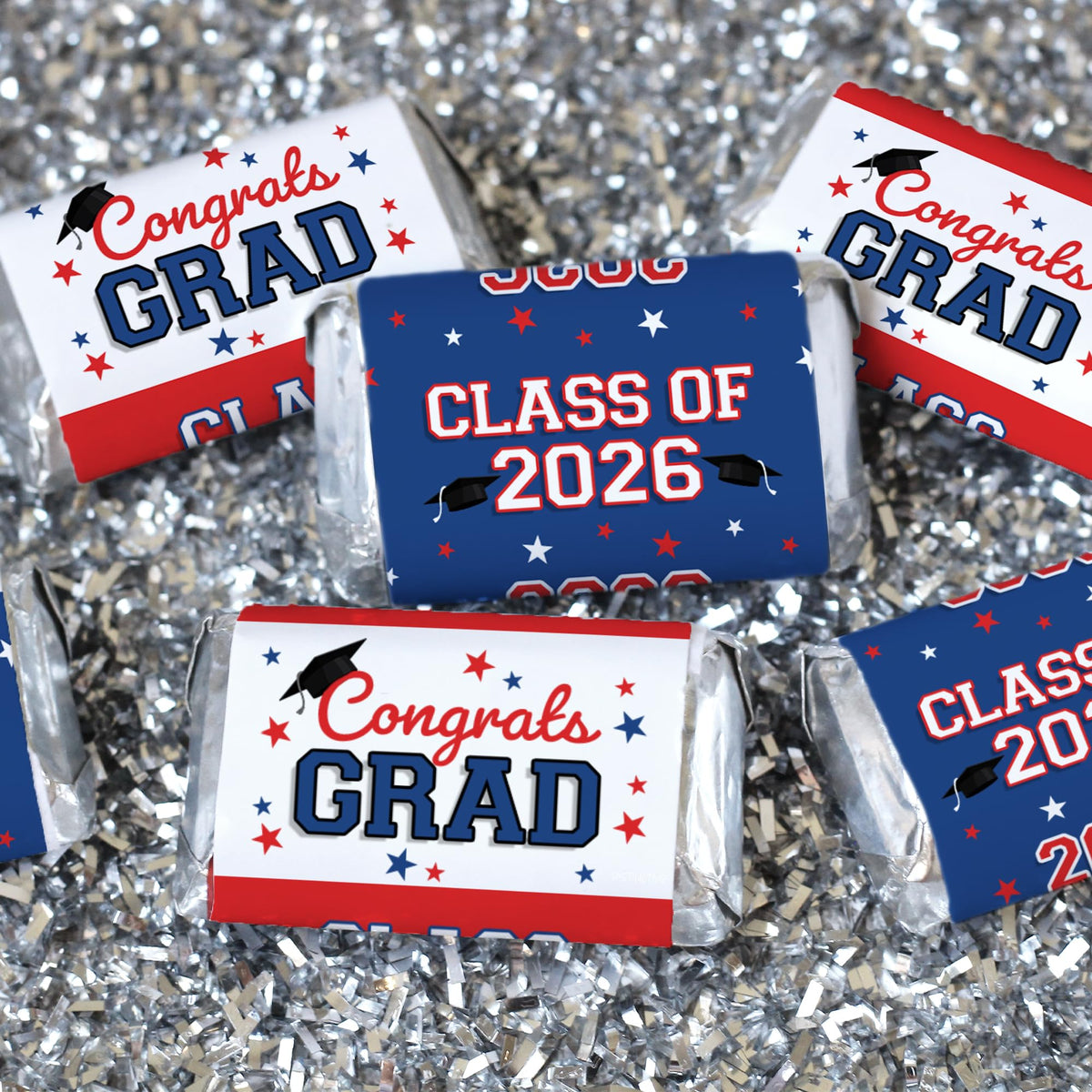 Red White Blue Class of 2026 Graduation Mini Candy Bar Wrappers, 42 Count