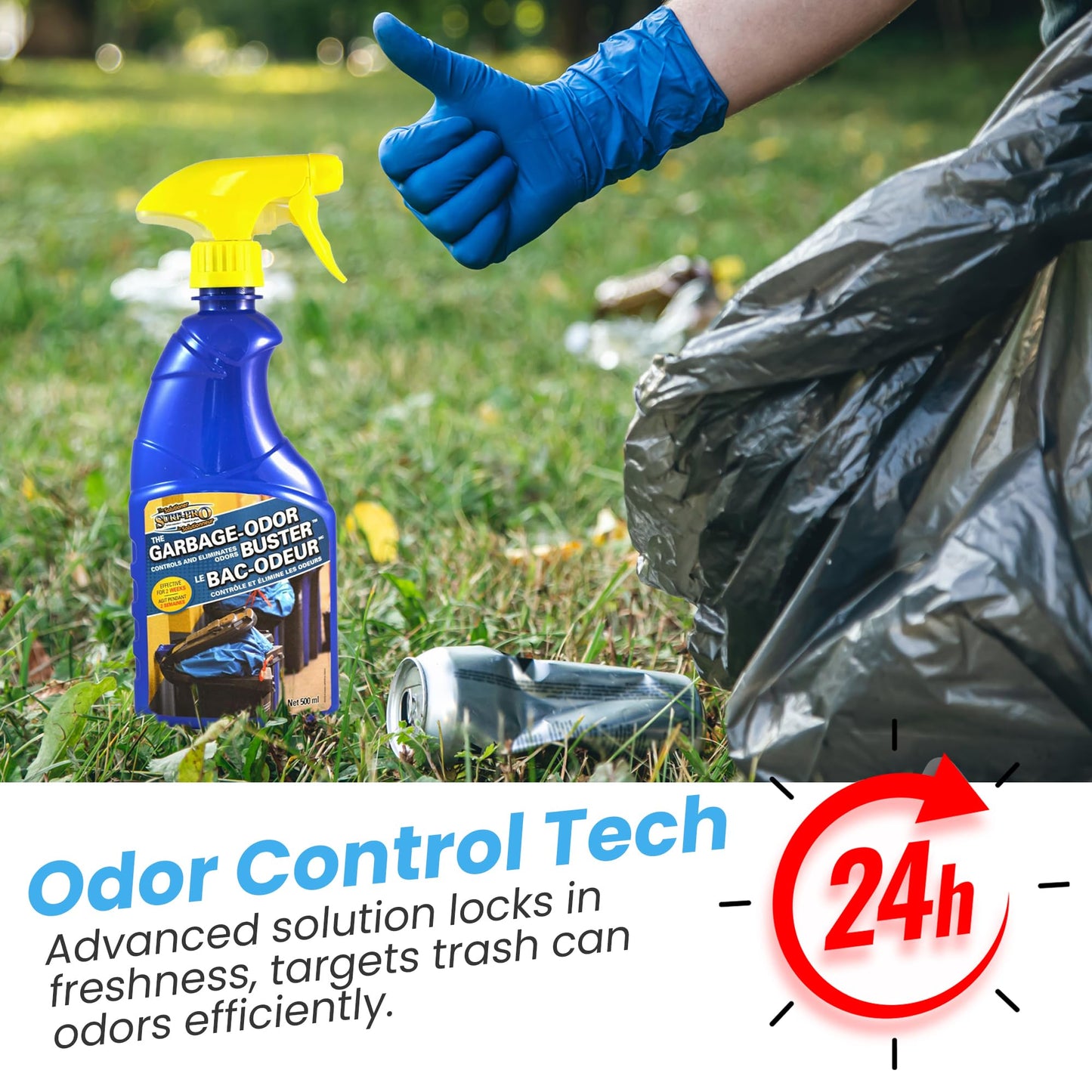 Trash Can Odor Eliminator Spray, weather-resistant formula, 500ml, controls and eliminates garbage bin odors indoors and outdoors, by Surf-Pro