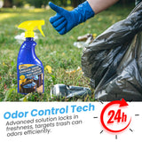 Trash Can Odor Eliminator Spray, weather-resistant formula, 500ml, controls and eliminates garbage bin odors indoors and outdoors, by Surf-Pro