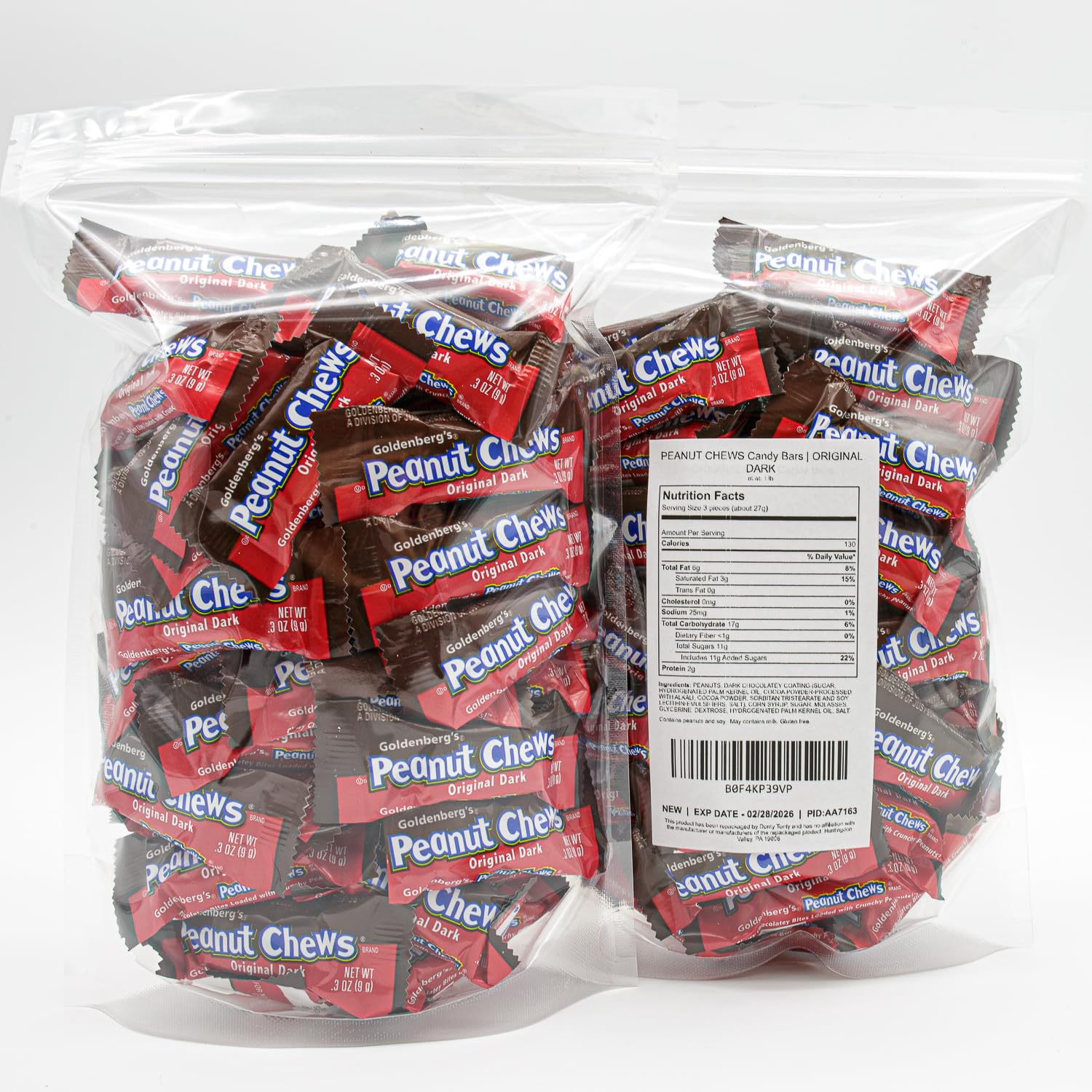 PEANUT CHEWS Original Dark 2 lb - Anti Melt Pack, Individually Wrapped Candy Bars (92 Pieces), Bulk Resealable Bag, Gluten Free, Kosher