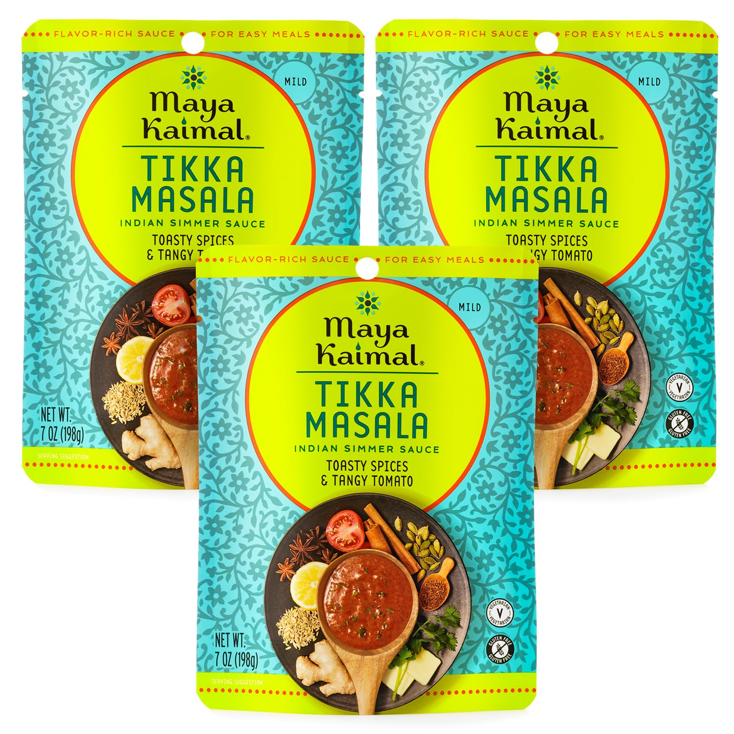 Maya Kaimal Tikka Masala Sauce, Mild Indian Simmer Sauce with Tomato and GaramMasala Spices. Vegetarian, Gluten Free (7 Ounces (Pack of 3), Tikka