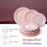Vintage Collection Set of Blush Dinner, Salad & Dessert Plates - High Quality Embossed Rim Design Disposable Dinnerware - Great for Formal Dinners