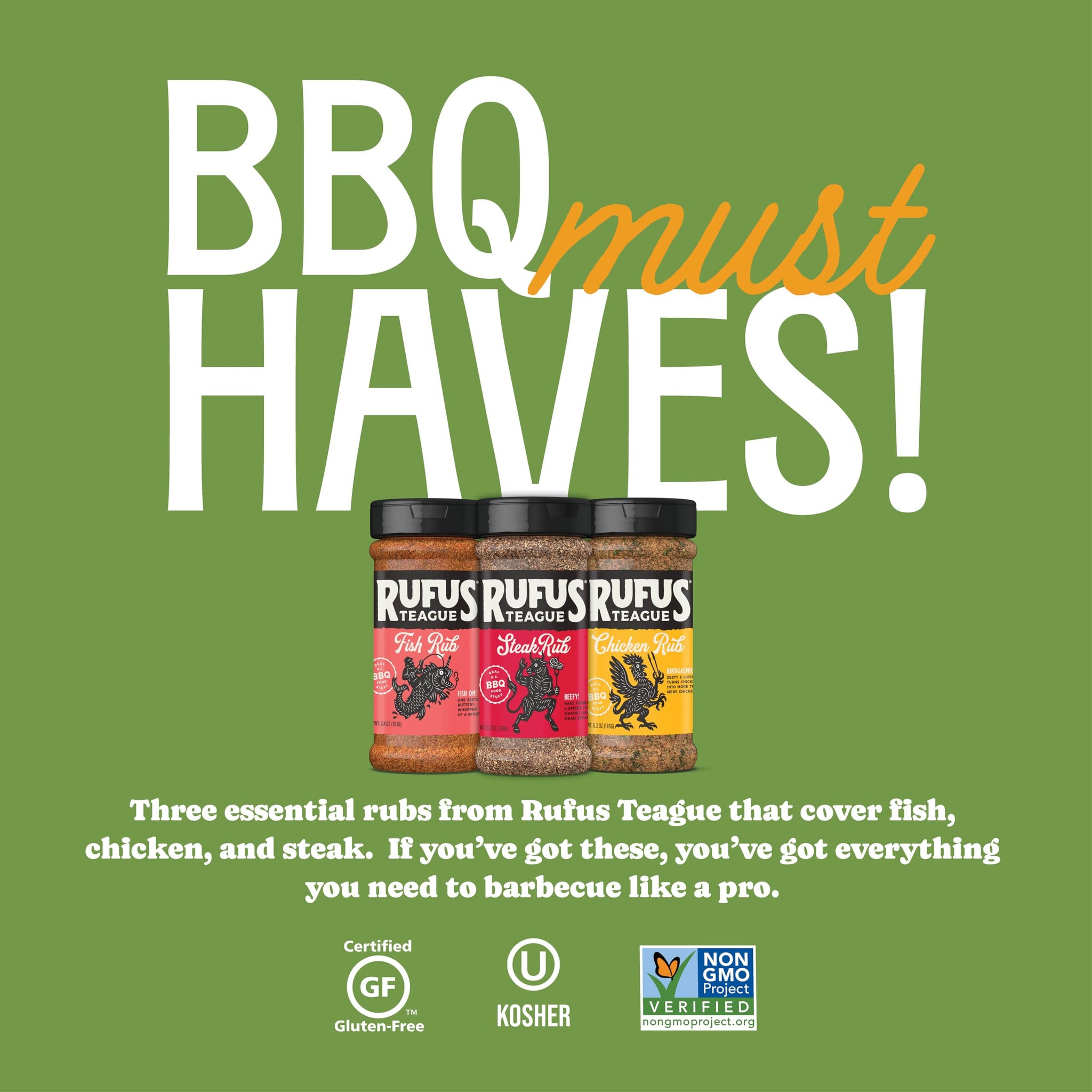 Rufus Teague Dry Rub Must-Haves Variety Pack, 3-Pack Steak Rub, Chick N’ Rub & Fish Rub, Premium Barbecue Seasoning for Grilling & Smoking
