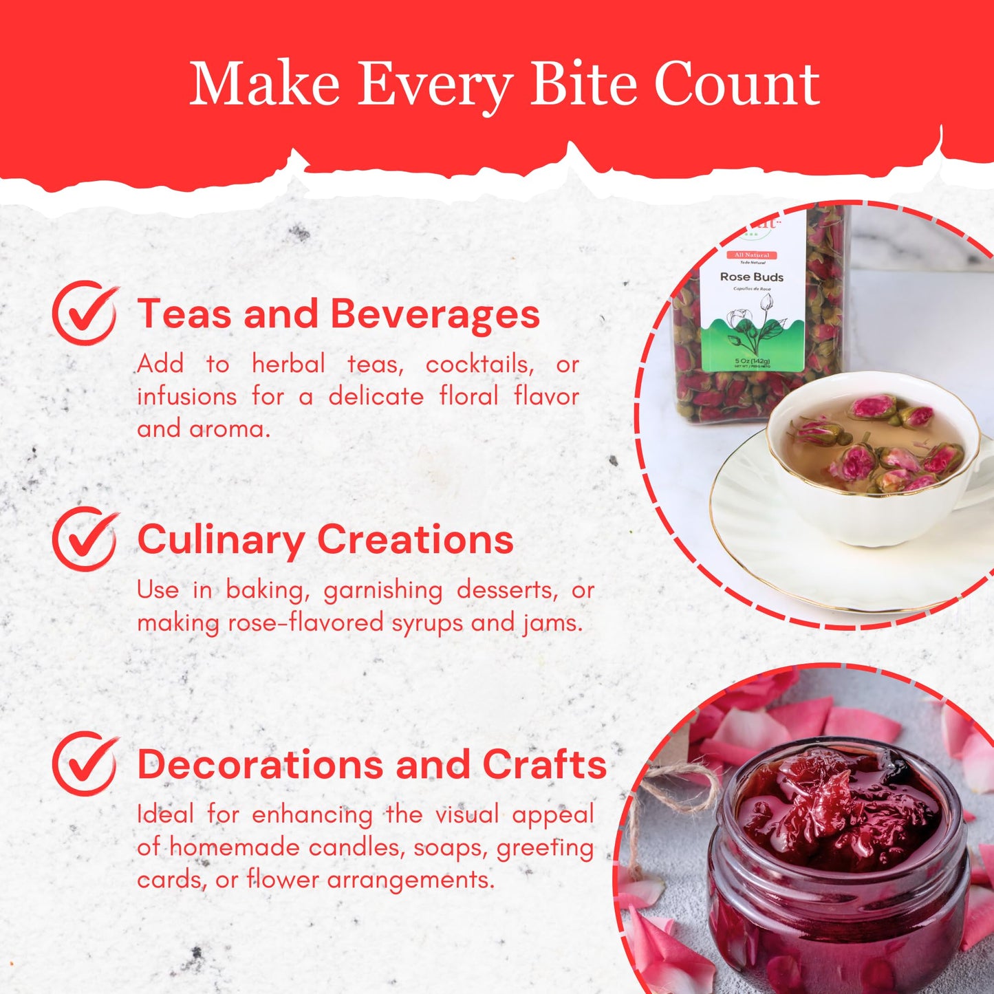 Byait Freeze Dried Rose Buds 5 Oz, Approx. 320 Whole Buds, Natural Edible Culinary Grade, Caffeine-Free Herbal Rose Flower Tea, Great for Beverages