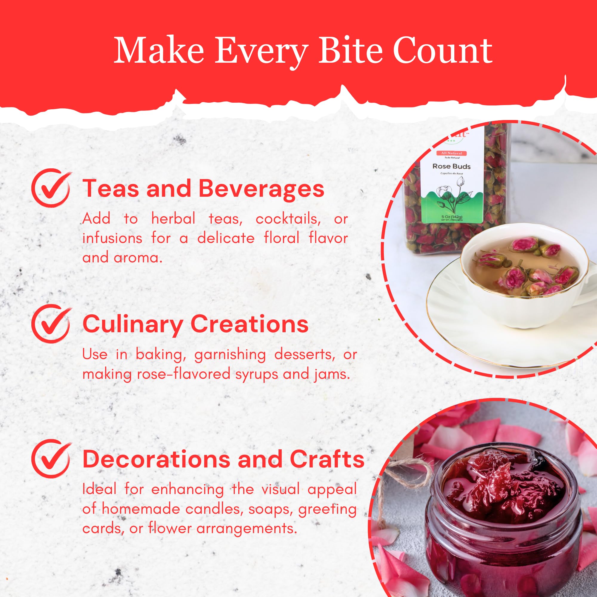 Byait Freeze Dried Rose Buds 5 Oz, Approx. 320 Whole Buds, Natural Edible Culinary Grade, Caffeine-Free Herbal Rose Flower Tea, Great for Beverages