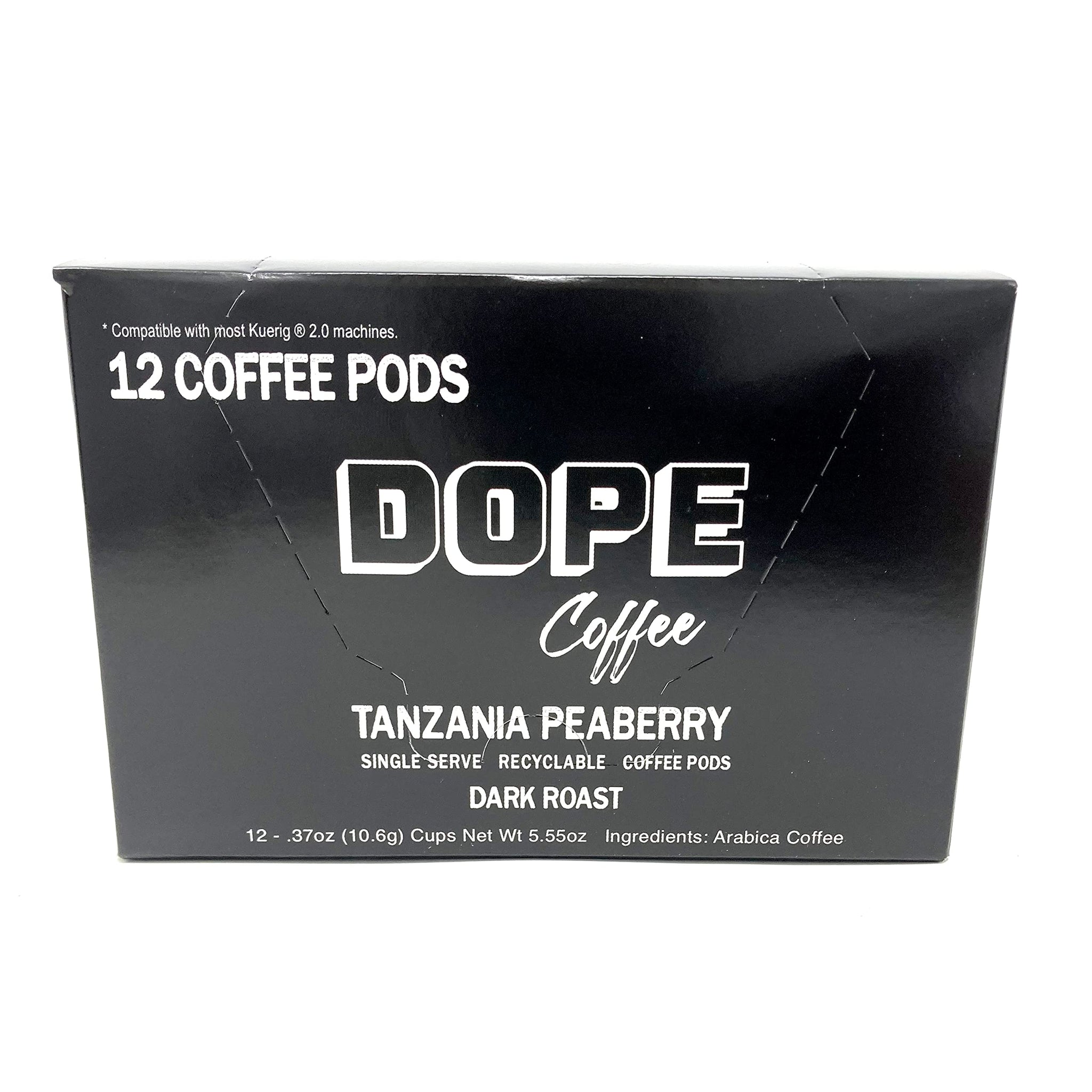 Dope Coffee Tanzania Peaberry, Single-Serve Pods, Dark Roast, Arabica Coffee, 12 Count