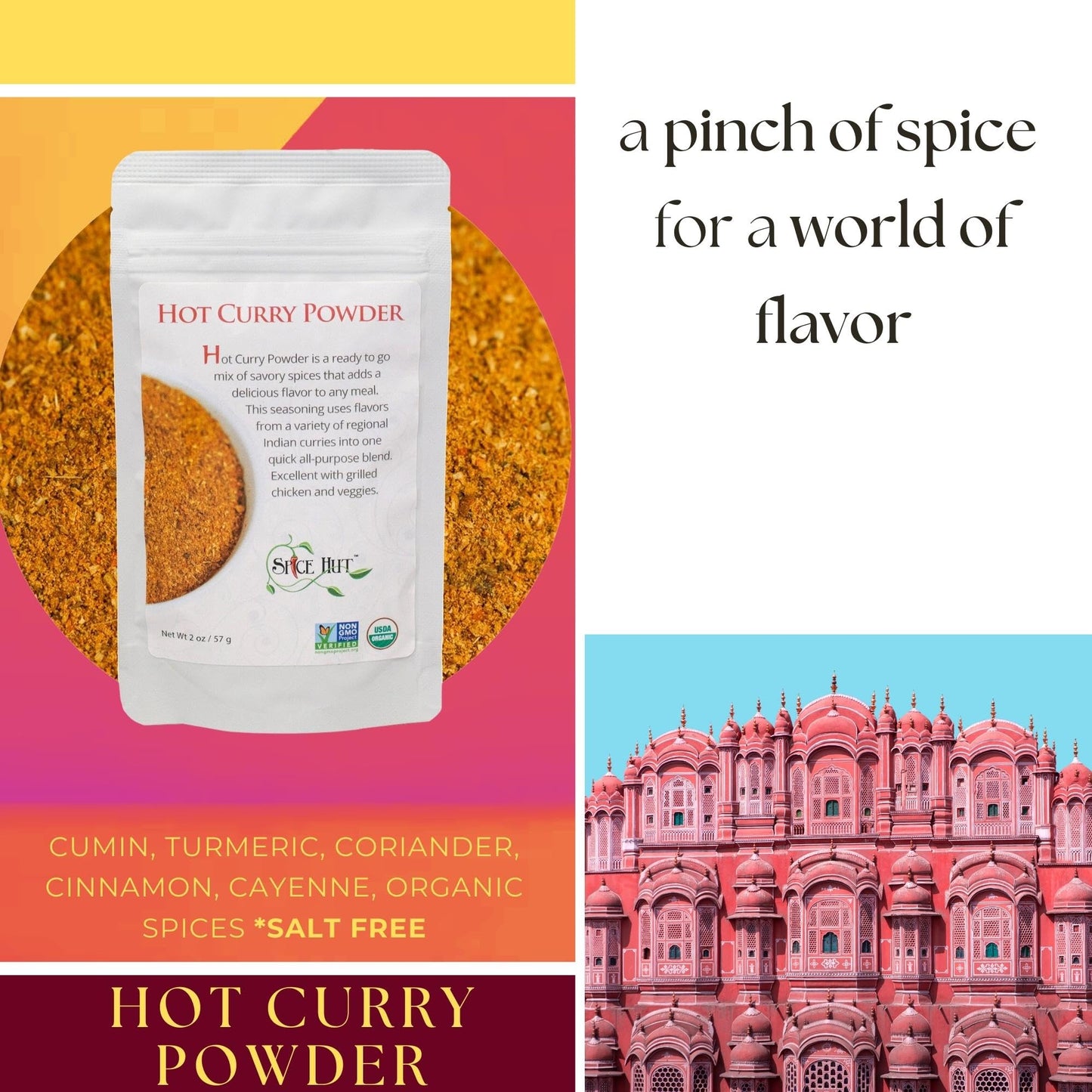 Organic Hot Indian Curry Powder, No Salt, Authentic Flavorful Desi Spice Blend for Easy Indian Cooking, South Asian Spicy Curry Seasoning Mix