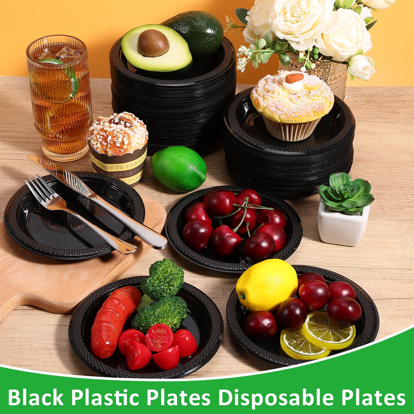 Vetory 200pcs Heavy Duty Round Dinner Party Plates - Disposable Black Plastic Plates for Birthday Party, Buffet, Travel, Picnic