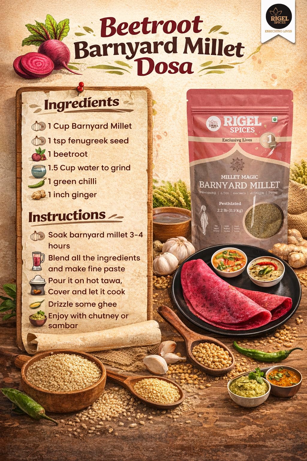 Rigel Spices Barnyard Millet | 2lbs resealable pack | Kuthiraivali | Non GMO | Gluten Free | Rich in fiber