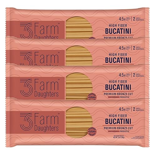 Three Farm Daughters High Fiber Pasta Bucatini Pack, Irresistible, Low GI, Non GMO Bucatini Pasta Noodles, Low Net Carb, Made in the USA from Just 2