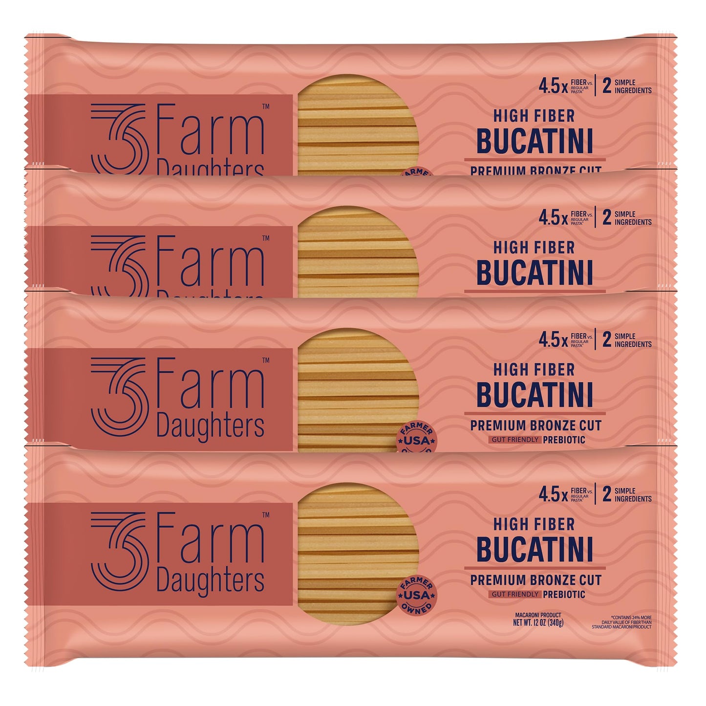 Three Farm Daughters High Fiber Pasta Bucatini Pack, Irresistible, Low GI, Non GMO Bucatini Pasta Noodles, Low Net Carb, Made in the USA from Just 2