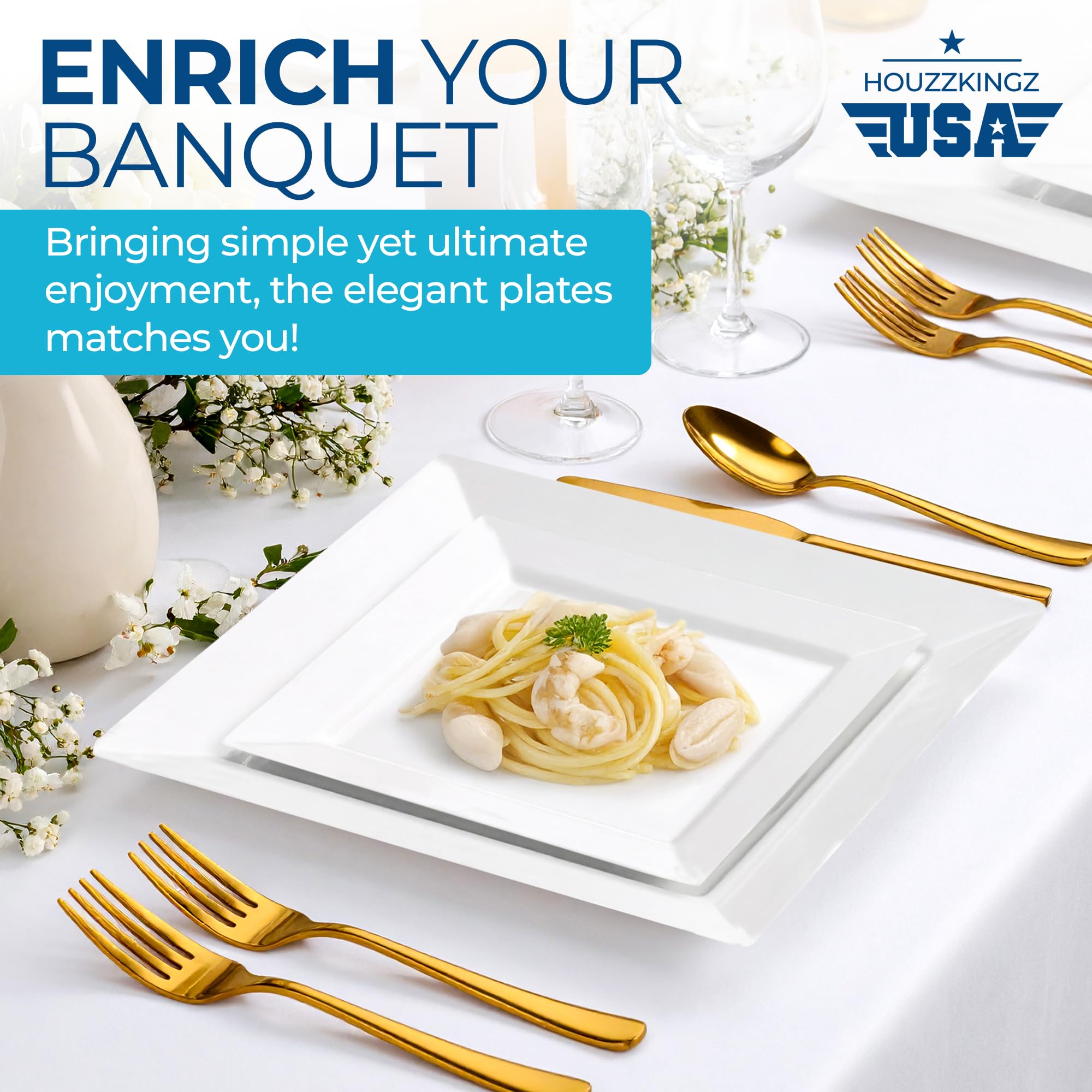 60 Plastic Square Plates for Party - 30 Dinner 9.5" & 30 Salad 6.5" White Heavy Duty Disposable Plates Set Reusable - Fancy Elegant Decorative Sturdy