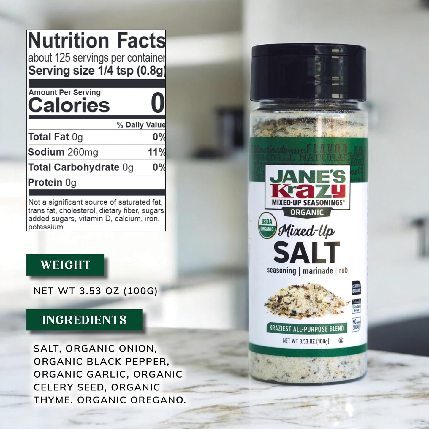 Jane’s Krazy Organic Mixed-Up Salt Blend 3.53oz | Seasoned Salt | Original Jane’s Krazy Seasoning Salt now Certified USDA Organic (3.53 oz)