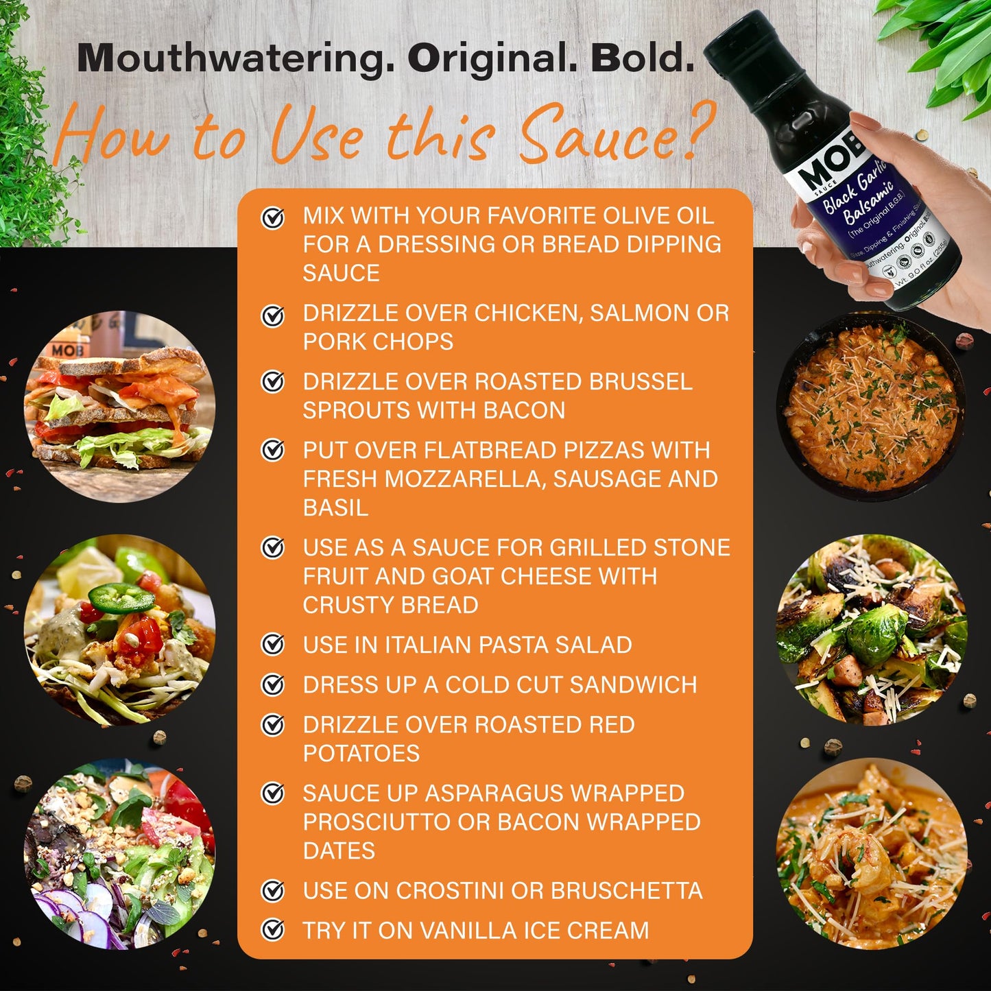 MOB Sauce Black Garlic Balsamic - Glaze, Dipping, and Finishing Sauce That’s Vegan, Gluten-Free with Natural Ingredients Free of Preservatives - 9 fl