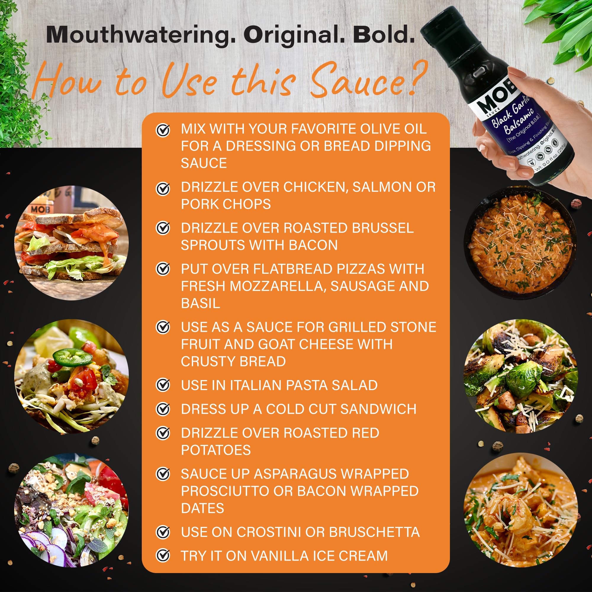 MOB Sauce Black Garlic Balsamic - Glaze, Dipping, and Finishing Sauce That’s Vegan, Gluten-Free with Natural Ingredients Free of Preservatives - 9 fl