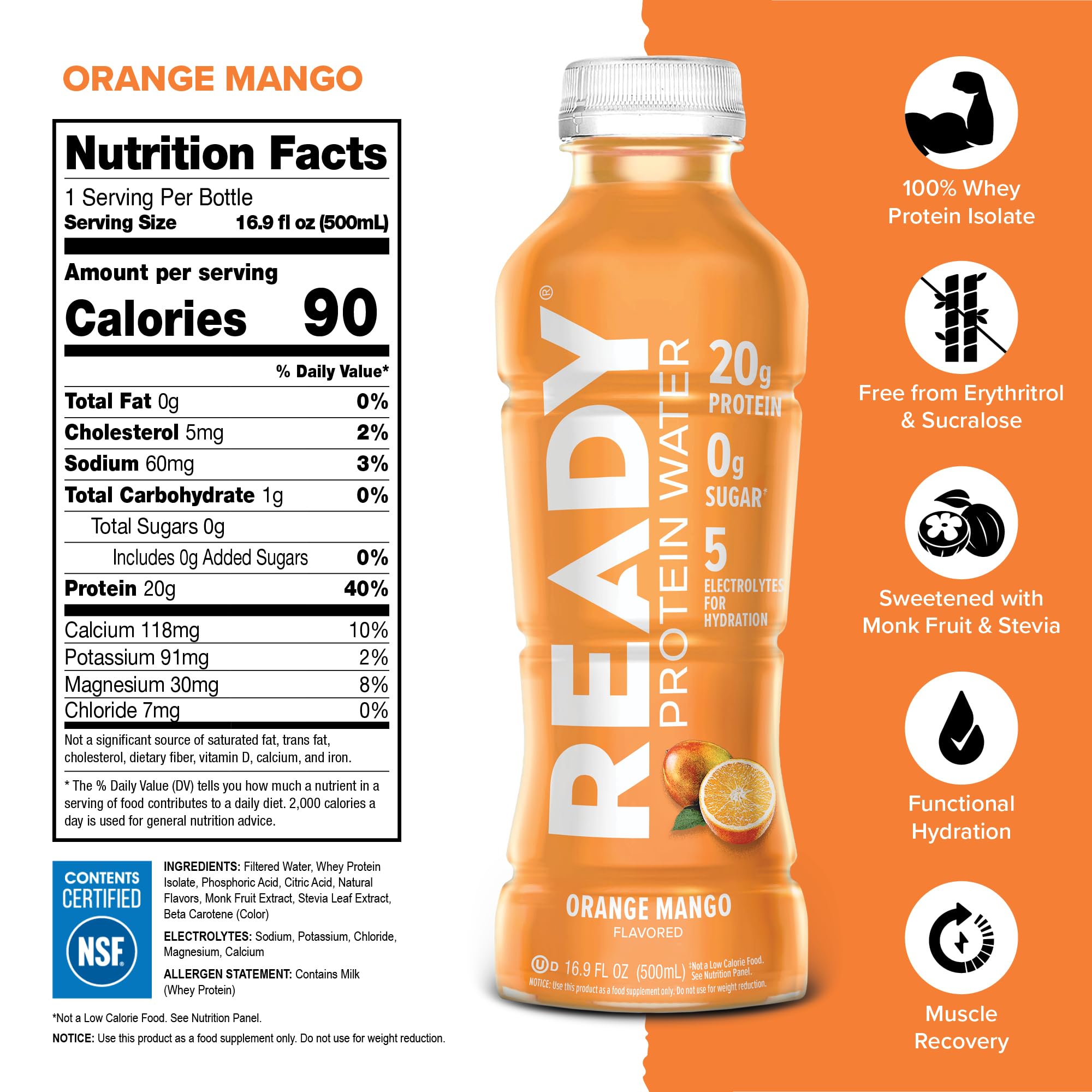 Ready® Clear Protein Water - 20g Whey Protein Isolate, Zero Sugar, Low-Calorie Sports Drink for Hydration & Recovery - Electrolytes, Essential Amino
