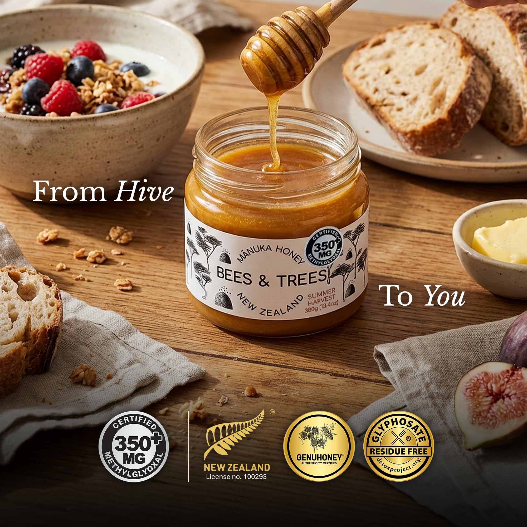 Bees & Trees Manuka Honey 350+ MGO - Raw, Pure New Zealand Monofloral Honey - Unpasteurized & Minimally Filtered - Ideal for Tea, Coffee, Dressings