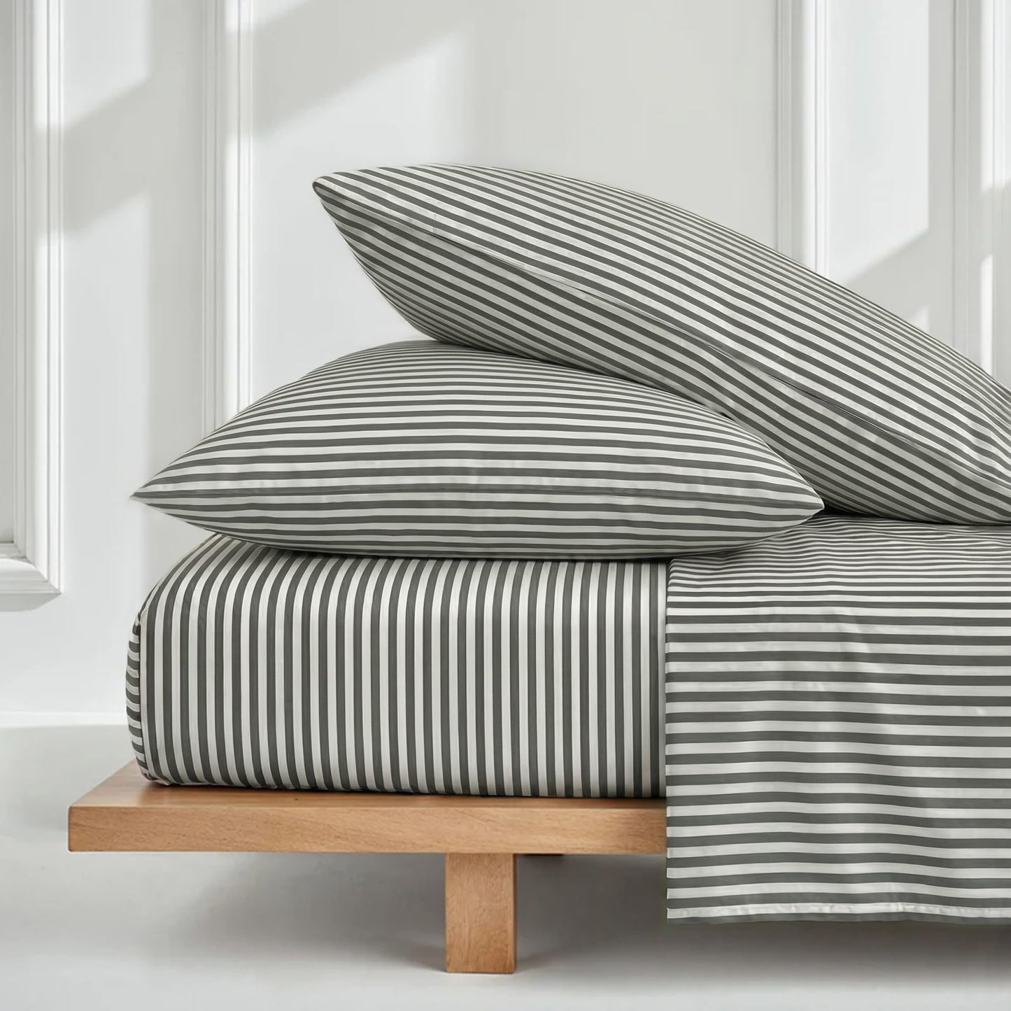Italic Luxe Twin Sheet Set - 400TC Australian Sateen Cotton - Ultra-Soft Hotel Quality Cooling Bed Sheets - 3-Piece Mini-Stripe Set with Deep Pockets
