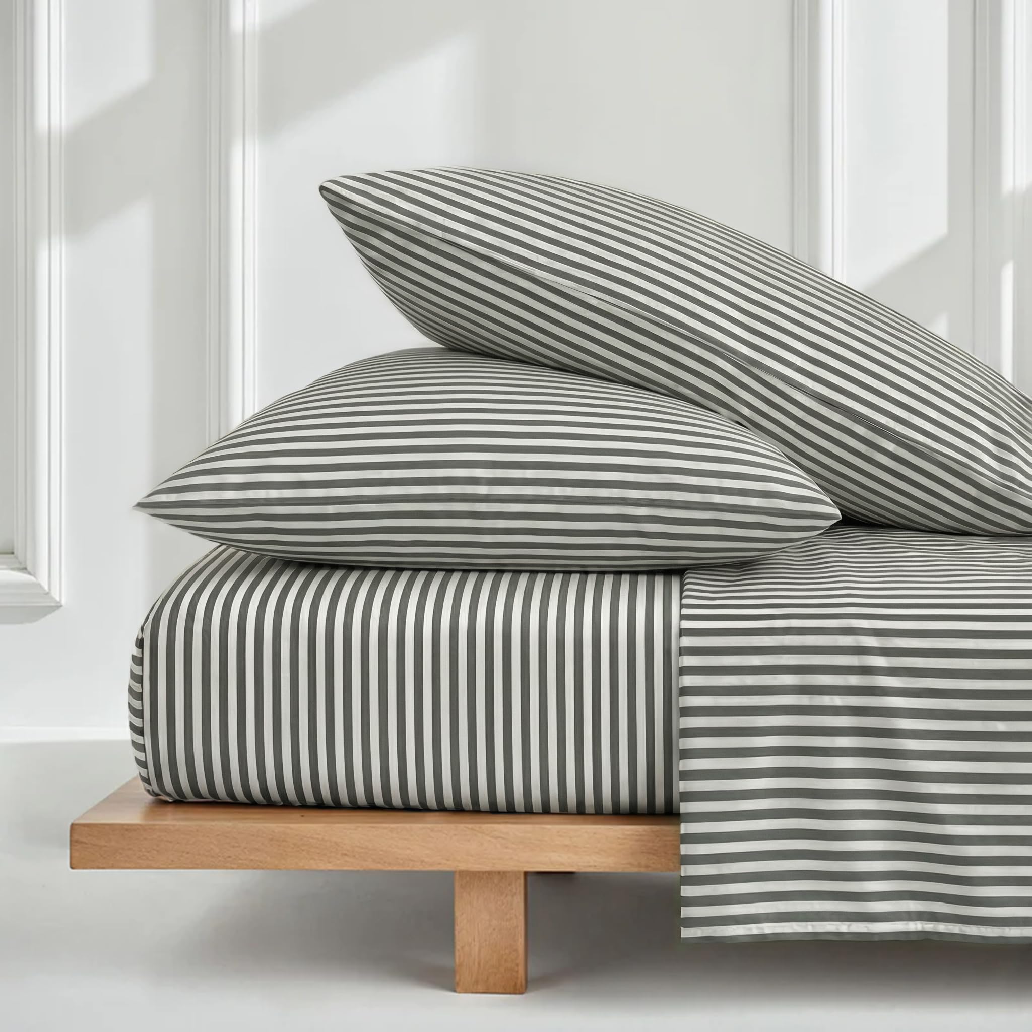 Italic Luxe Twin Sheet Set - 400TC Australian Sateen Cotton - Ultra-Soft Hotel Quality Cooling Bed Sheets - 3-Piece Mini-Stripe Set with Deep Pockets