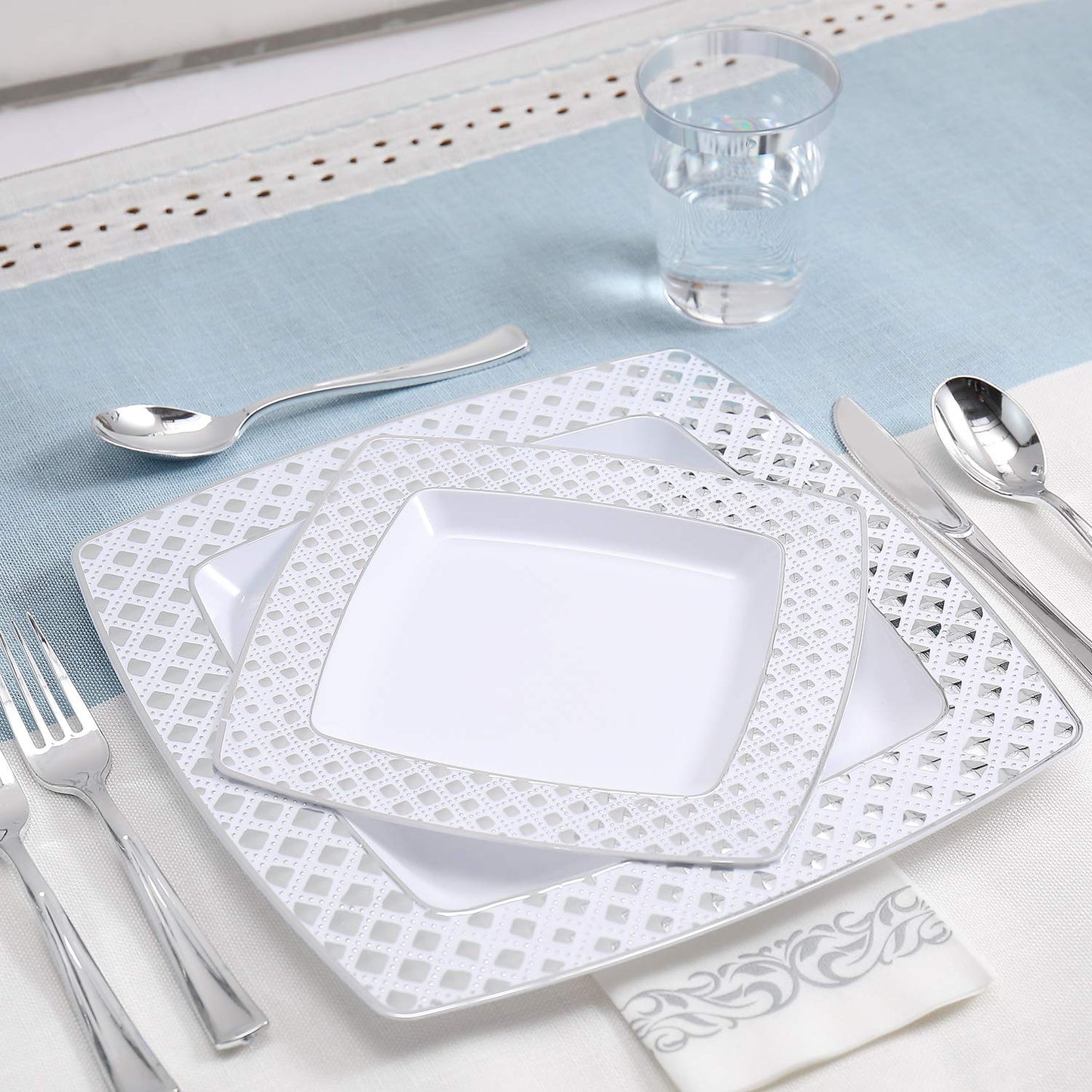 FOCUSLINE 175 Count Silver Dinnerware Set for 25 Guests, Disposable Square Plastic Plates with Diamond Rim, Includes 25 Dinner & Dessert Plates