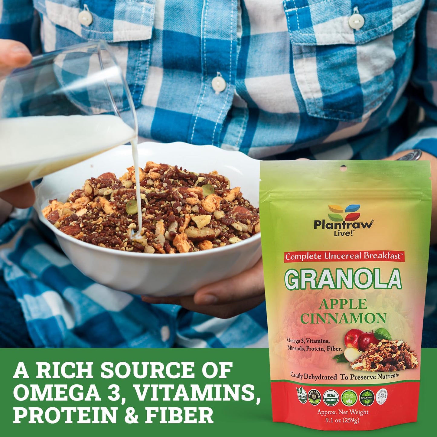 Apple Cinnamon Un-Cereal™ Granola Gluten Free and Grain Free, Dehydrated 9.3oz Pack of healthy granola, Perfect for Smoothies, Free from Cheap