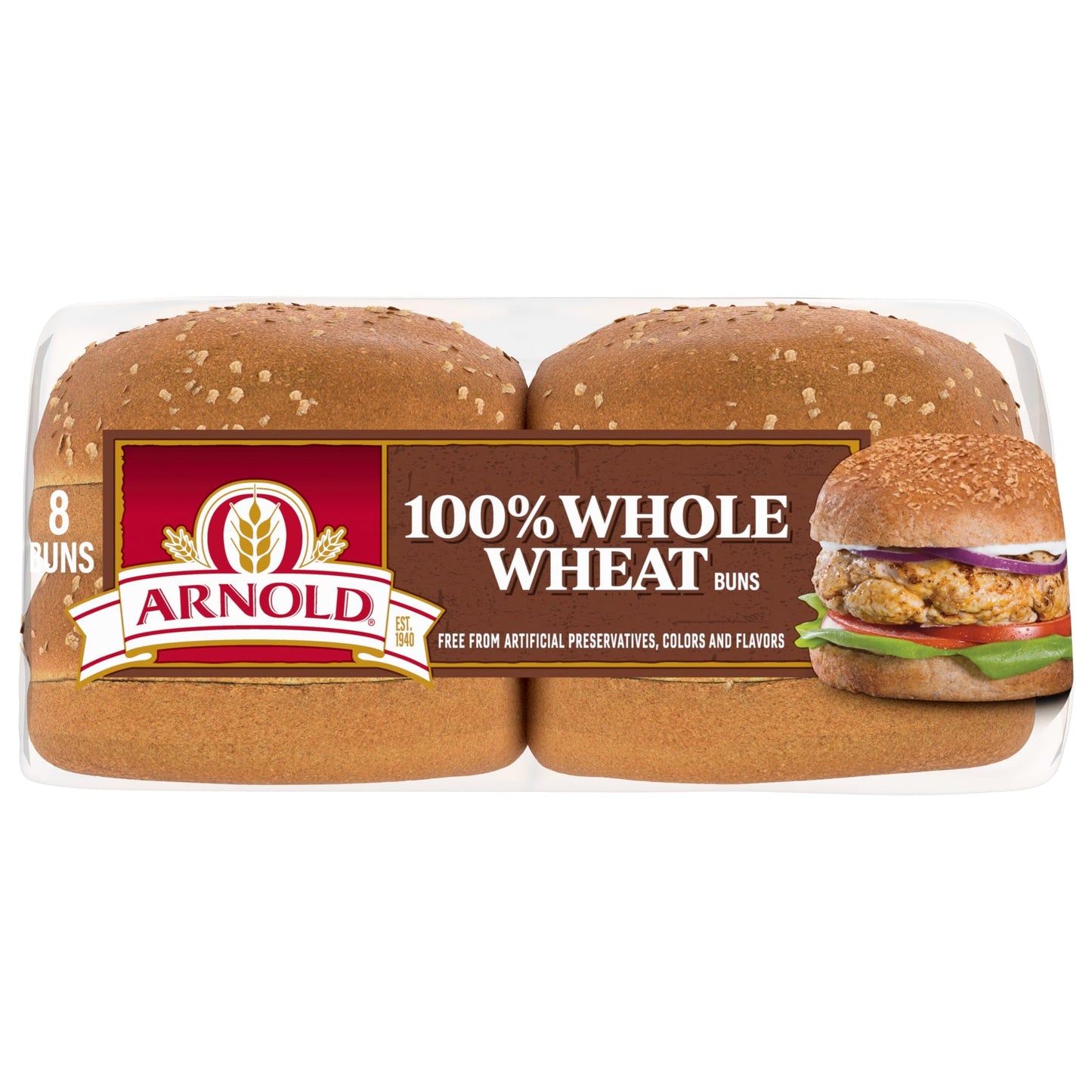 Arnold Whole Wheat Buns, 8 count, (2.0 oz each), Hamburger Buns, 16 oz Bag