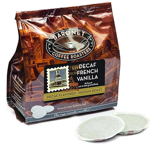 Baronet Coffee Pods - 54 Coffee Bags Like Senseo, 8g Medium Roast Organic Compostable, Regular Strength [Decaf French Vanilla]