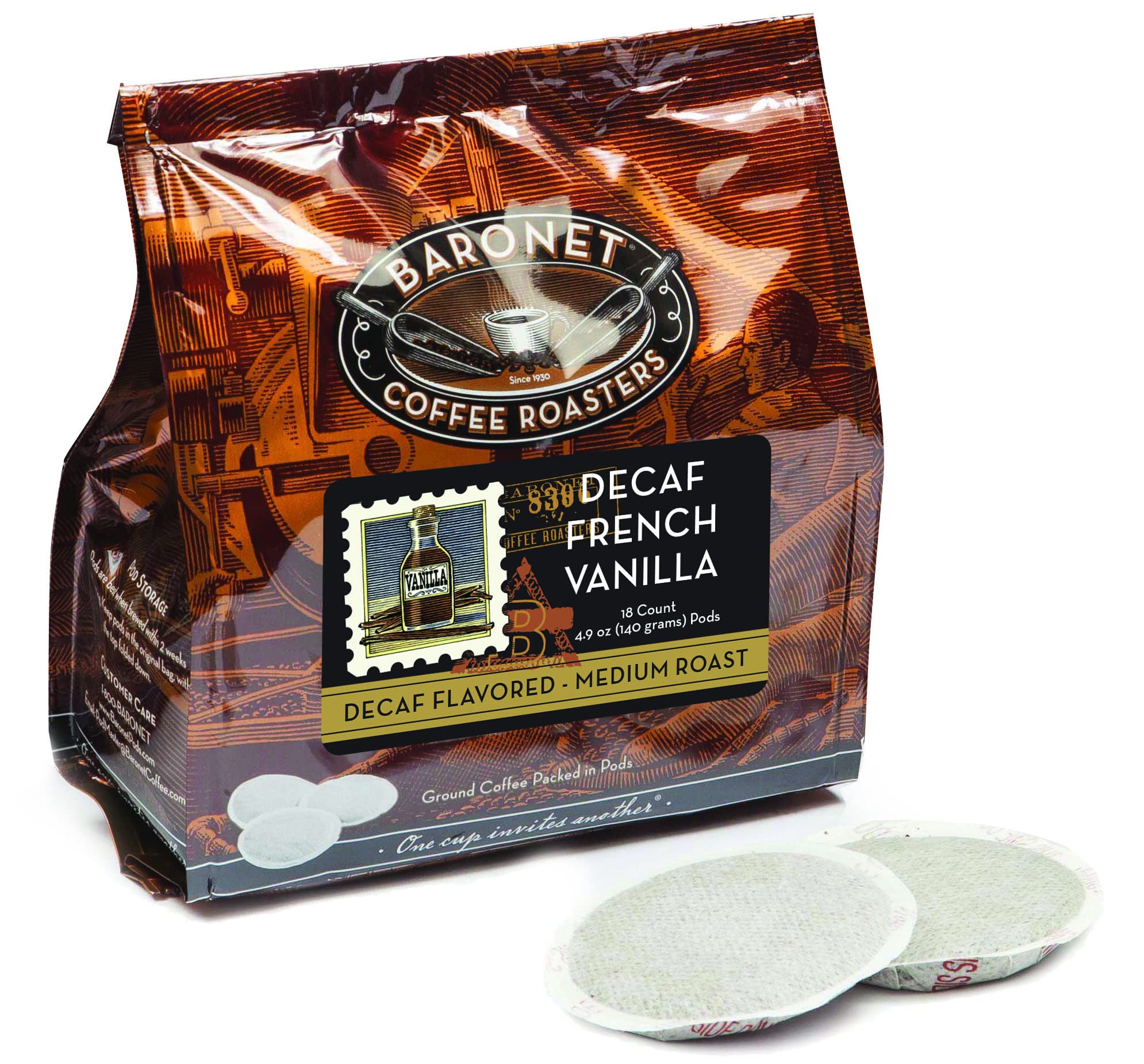Baronet Coffee Pods - 54 Coffee Bags Like Senseo, 8g Medium Roast Organic Compostable, Regular Strength [Decaf French Vanilla]
