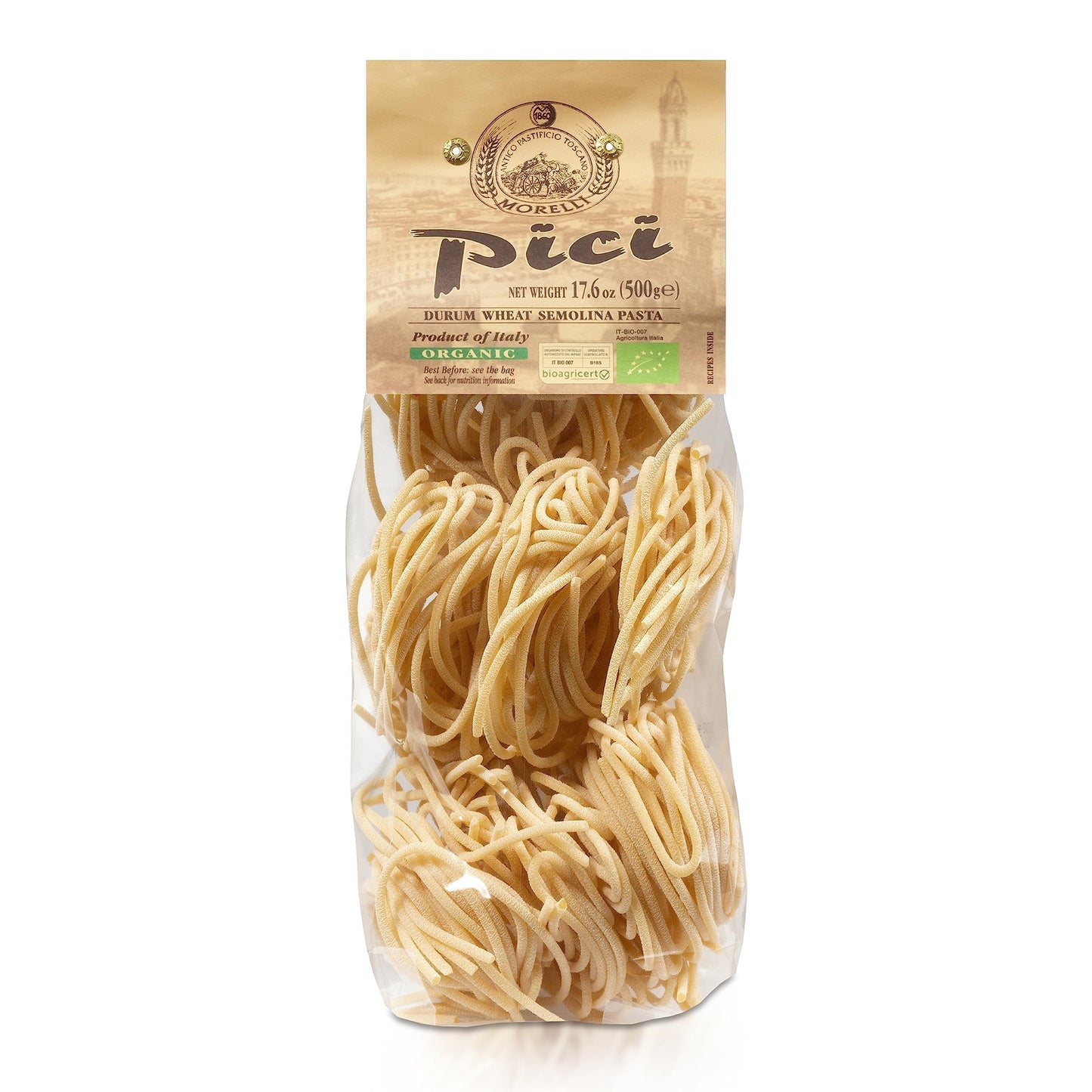 Morelli Pici Pasta di Toscana - Italian Gourmet Organic Pici Noodles - Thick Organic Pasta Nests Made in Italy from Durum Wheat Semolina - 17.6oz