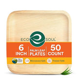 ECO SOUL Palm Leaf Like Bamboo Plates, 6 Inch Square, 50 Pack Bulk Disposable Appetizer & Dessert Tableware, Compostable Biodegradable Natural Wooden