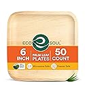 ECO SOUL Palm Leaf Like Bamboo Plates, 6 Inch Square, 50 Pack Bulk Disposable Appetizer & Dessert Tableware, Compostable Biodegradable Natural Wooden