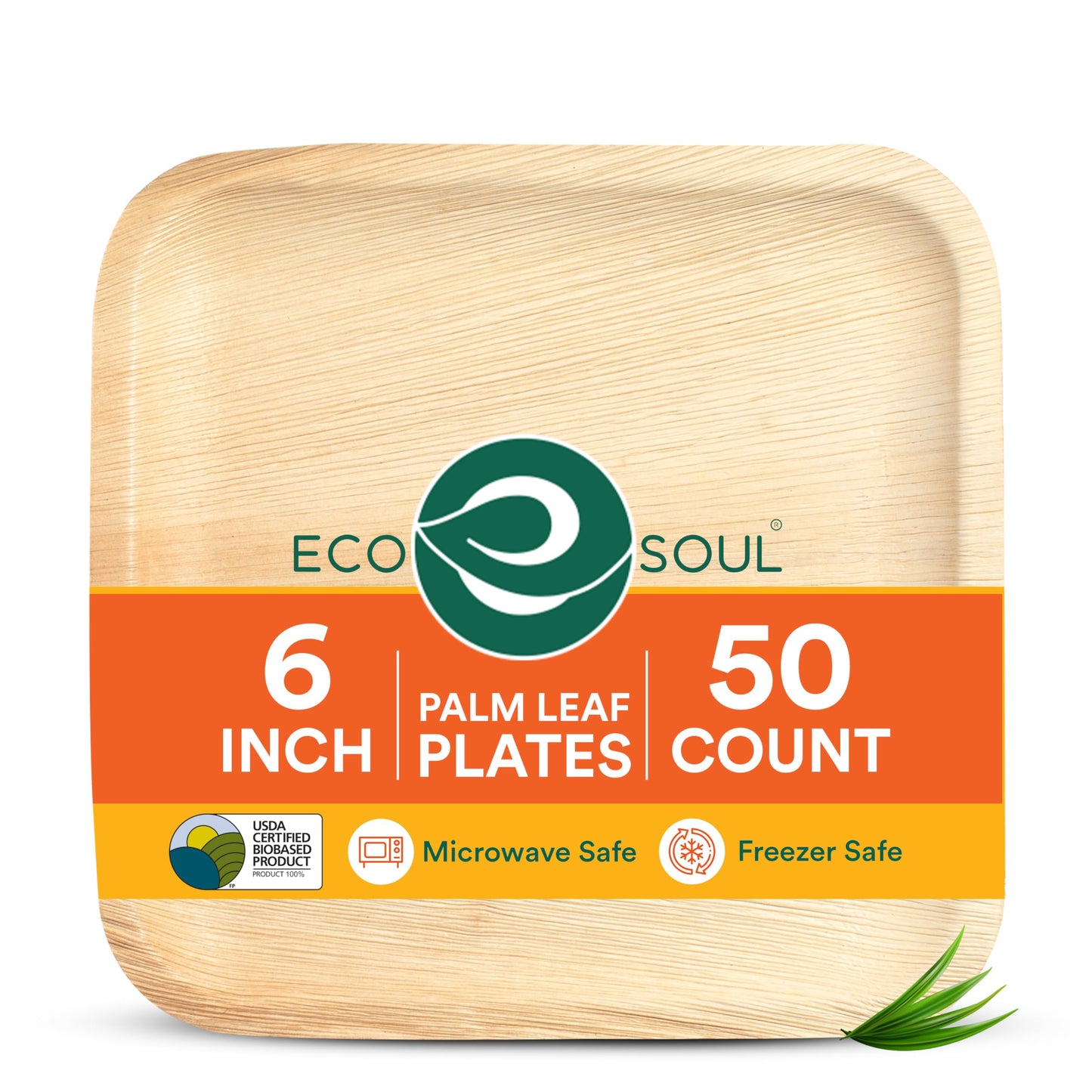 ECO SOUL Palm Leaf Like Bamboo Plates, 6 Inch Square, 50 Pack Bulk Disposable Appetizer & Dessert Tableware, Compostable Biodegradable Natural Wooden