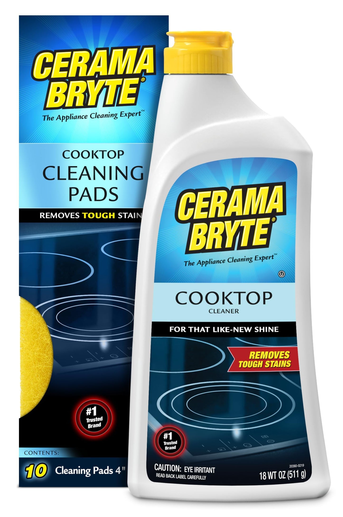 Cerama Bryte Glass Cooktop Cleaner Bundle with 10 Cleaning Pads for Removal of Tough Stains, Stovetop Cleaner for Glass - Ceramic Surfaces, 18 Ounces