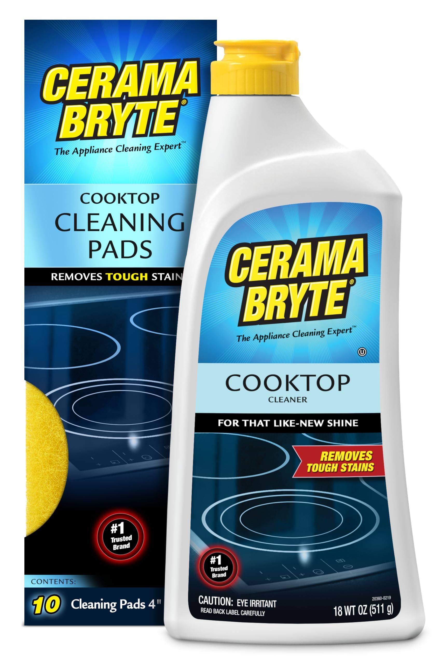 Cerama Bryte Glass Cooktop Cleaner Bundle with 10 Cleaning Pads for Removal of Tough Stains, Stovetop Cleaner for Glass - Ceramic Surfaces, 18 Ounces