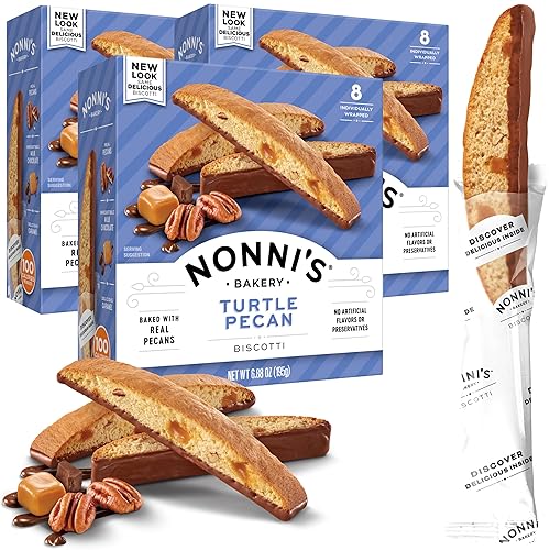 Nonni's Turtle Pecan Biscotti Italian Cookies - 3 Boxes Caramel Pecan Cookies Dipped in Milk Chocolate - Butter Pecan Biscotti Individually Wrapped