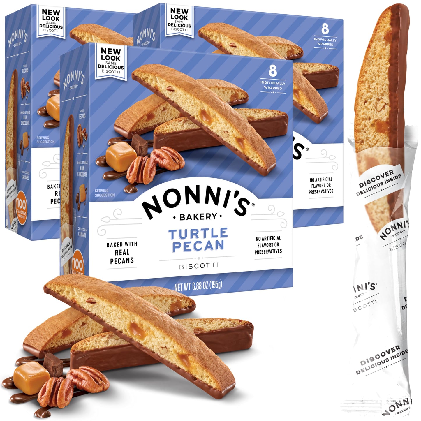 Nonni's Turtle Pecan Biscotti Italian Cookies - 3 Boxes Caramel Pecan Cookies Dipped in Milk Chocolate - Butter Pecan Biscotti Individually Wrapped