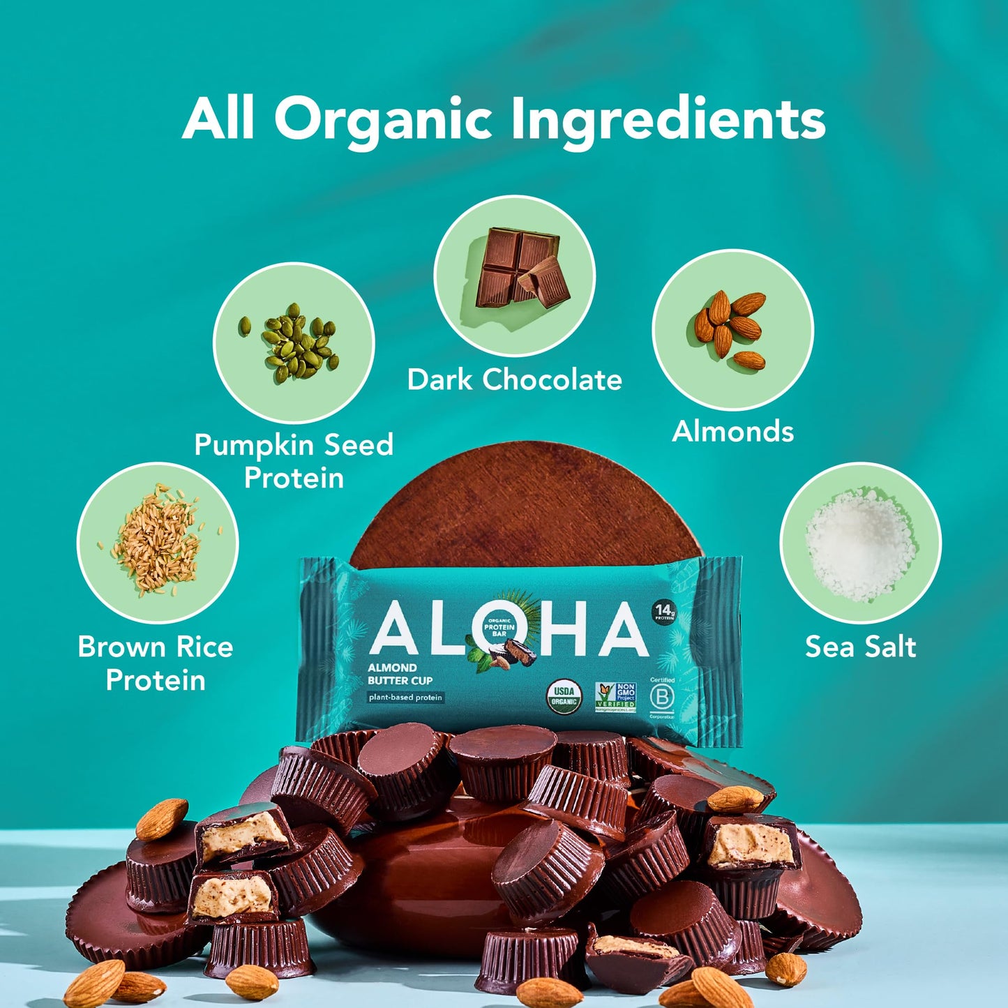 ALOHA Organic Plant Based Protein Bars - Almond Butter Cup - 12 Bars, Vegan, Low Sugar, Gluten-Free, Paleo, Low Carb, Non-GMO, No Stevia, No