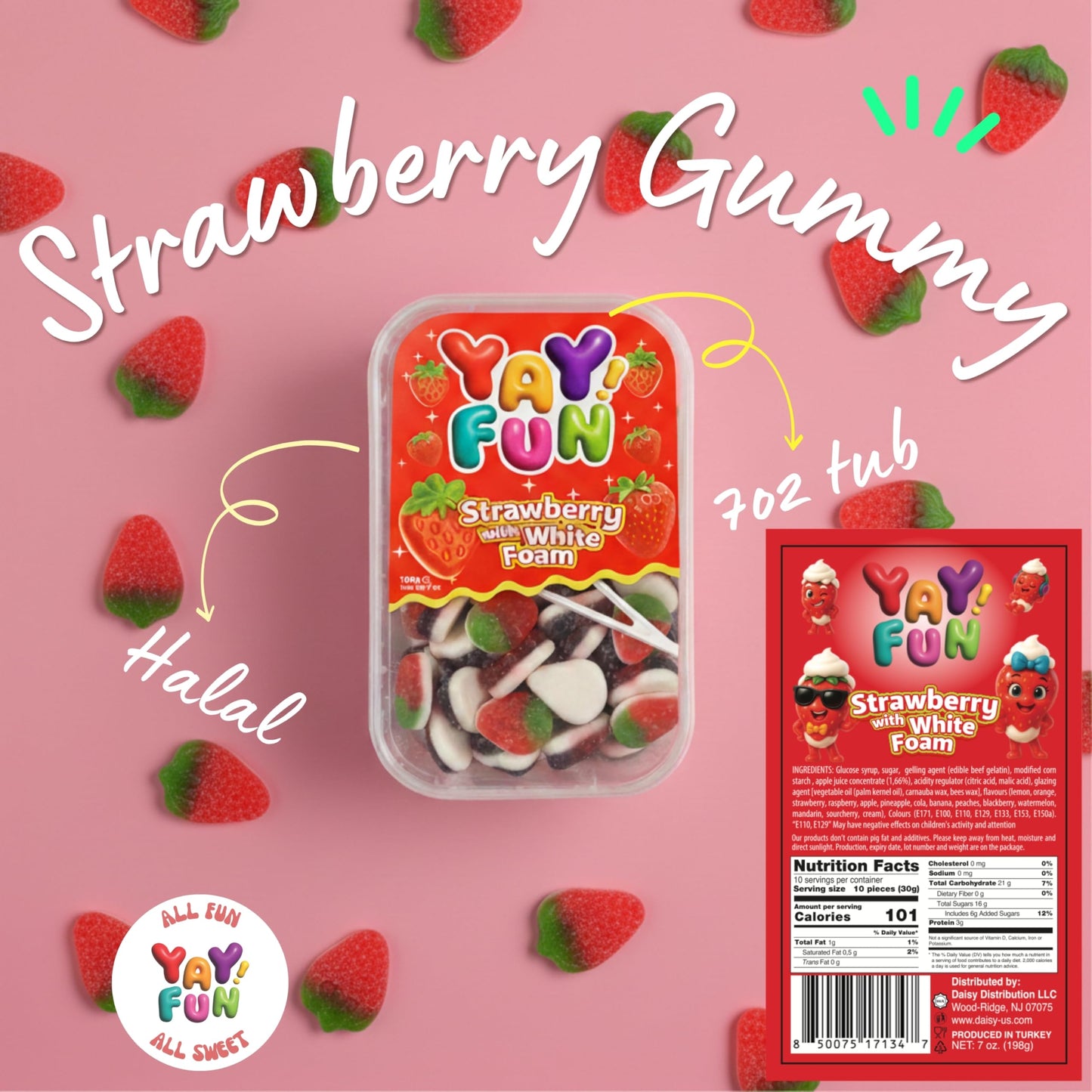 Halal Strawberry Gummy with White Foam | 6 Pack Bundle (6x7 oz Tubs) | Soft & Chewy Strawberry Gummies | Resealable Tubs in Bulk with Display Box |