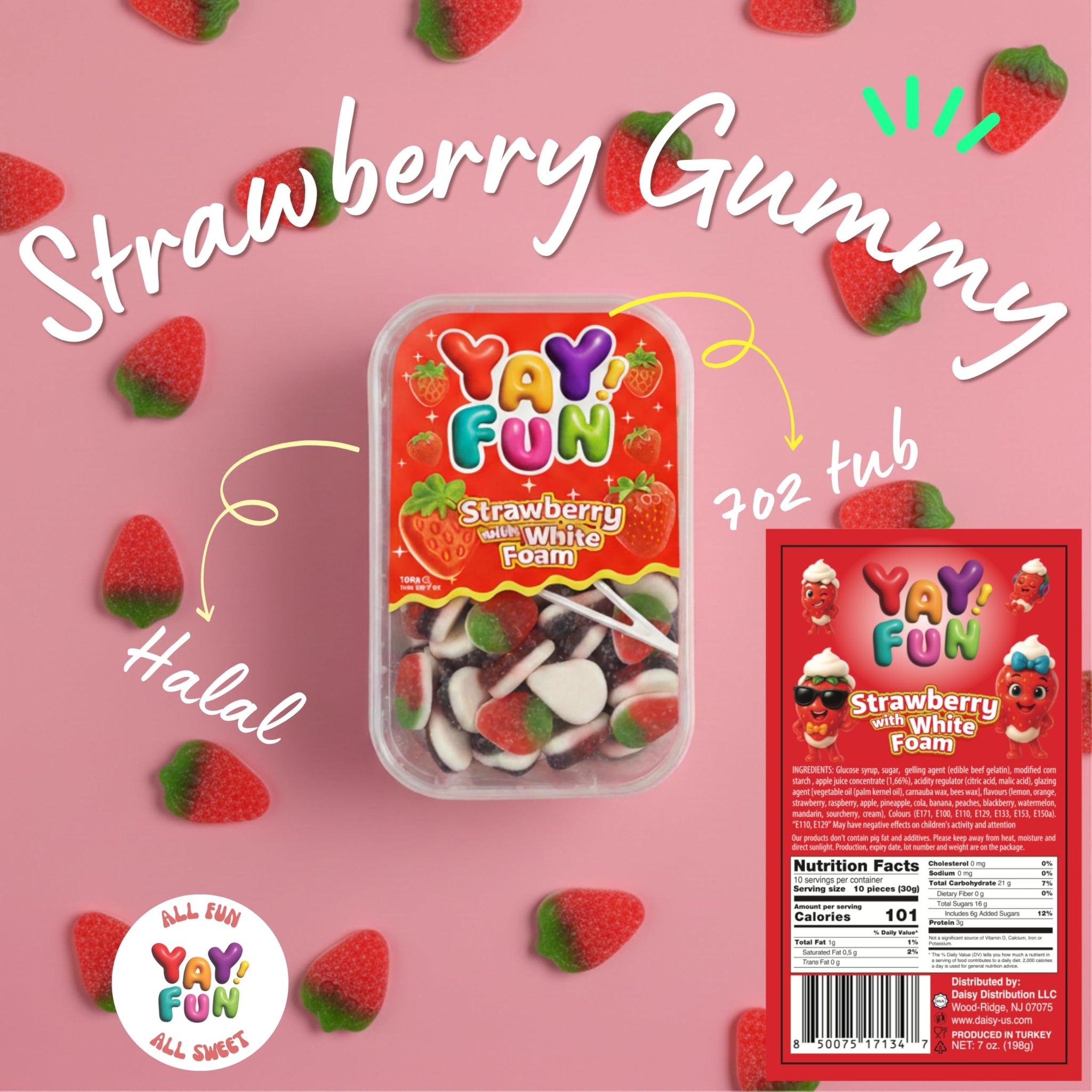 Halal Strawberry Gummy with White Foam | 6 Pack Bundle (6x7 oz Tubs) | Soft & Chewy Strawberry Gummies | Resealable Tubs in Bulk with Display Box |