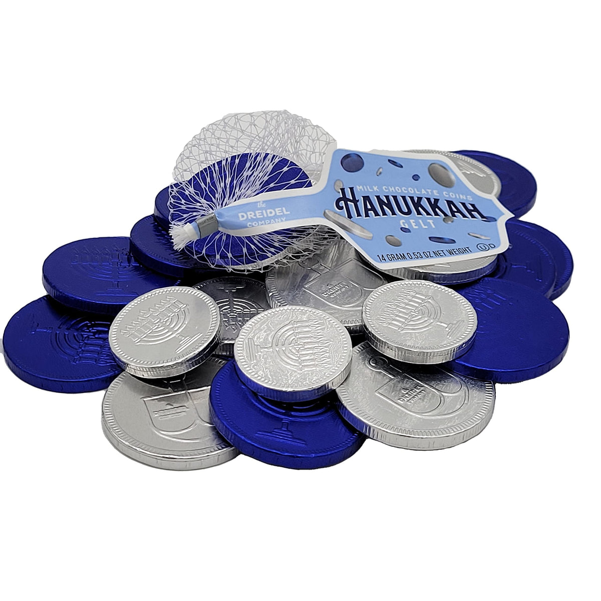 The Dreidel Company 40 Mesh Bags Original Hanukkah Gelt Blue & Silver Coins in Mesh Bags, Gluten Free, Non-GMO, Kosher Certified
