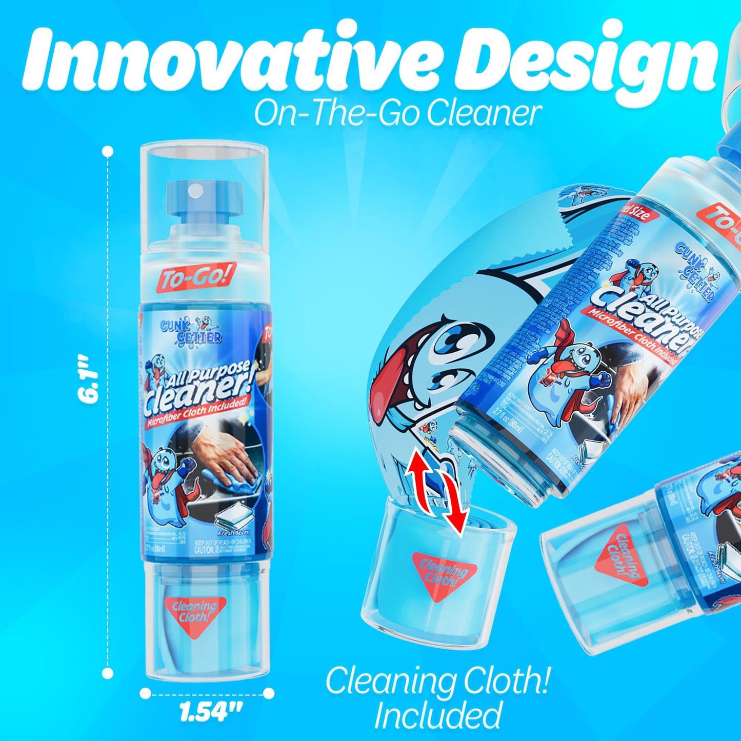 Gunk Getter - Travel Spray Bottle With Microfiber Cap - All Purpose Cleaner - Fresh (2 Pack)