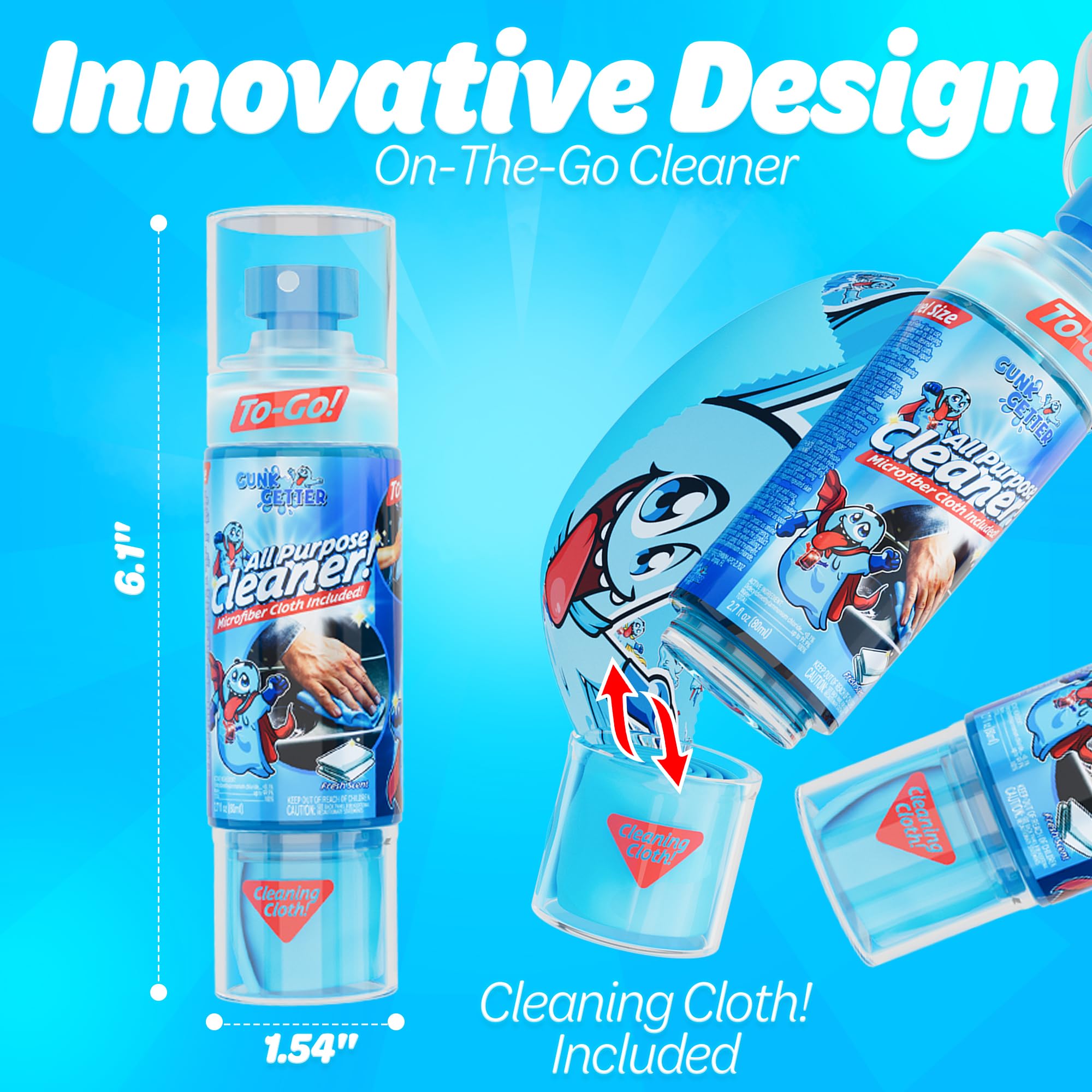 Gunk Getter - Travel Spray Bottle With Microfiber Cap - All Purpose Cleaner - Fresh (2 Pack)