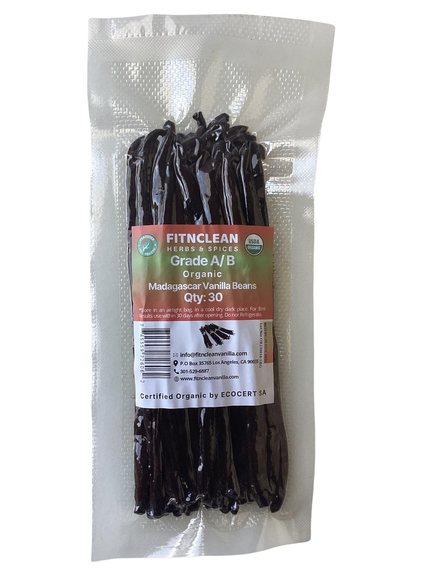 30 Organic Madagascar Vanilla Beans Grade A/B. Certified USDA Organic. 5"-7" by FITNCLEAN VANILLA. Bourbon Fresh Whole NON-GMO Pods