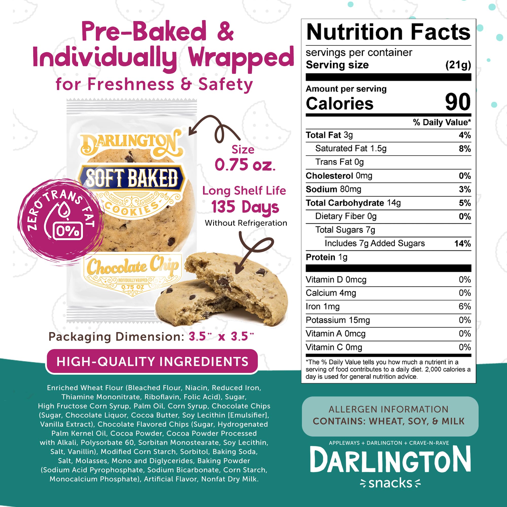 Soft Chocolate Chip Cookies - Bulk Pack of 216, 0.75 oz Each, Individually Wrapped, Chewy & Nut-Free Soft Baked Cookies, Long Shelf Life for On-the-Go