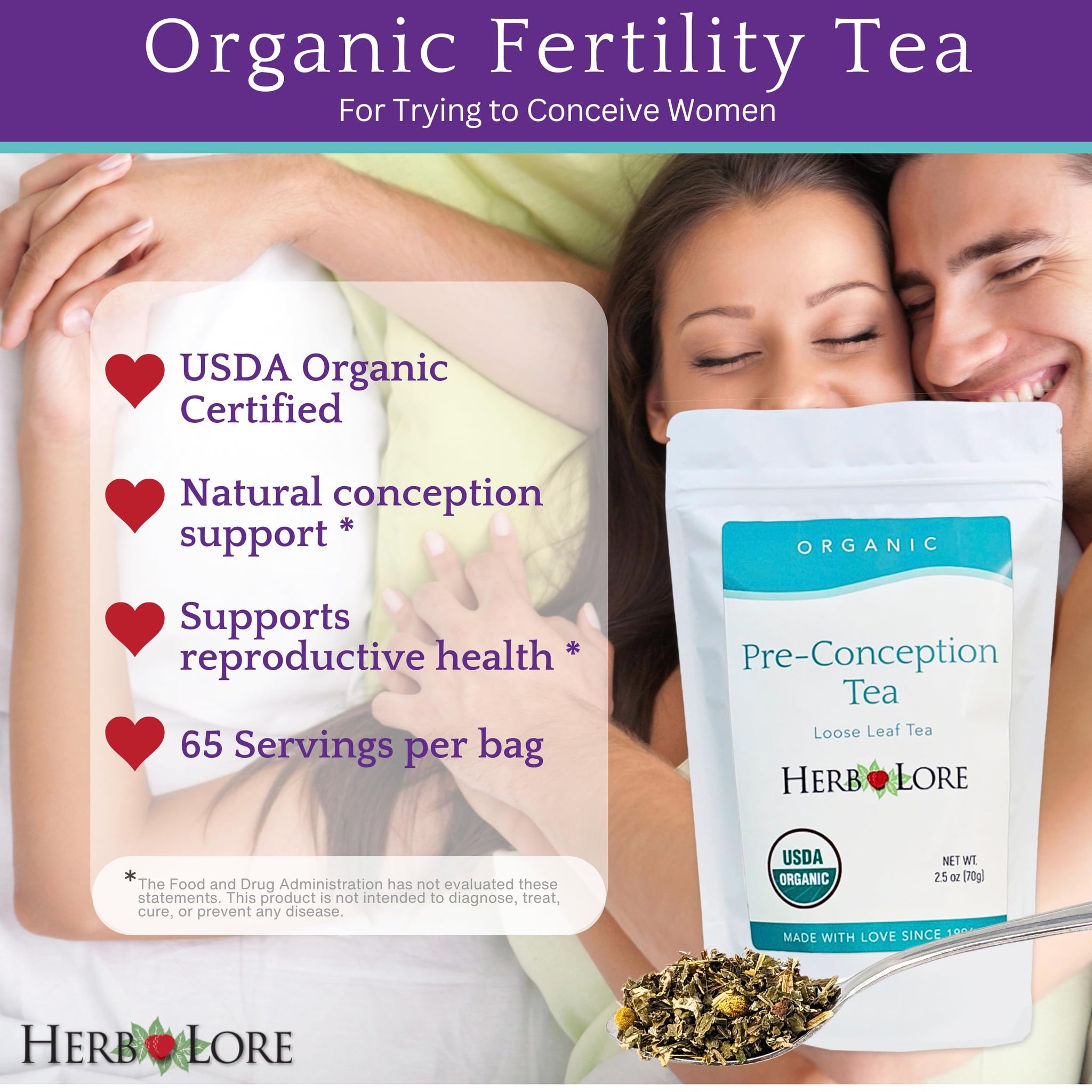 Herb Lore Organic Fertility Tea for Women - 65 Cups - Loose Leaf Pre Conception Tea with Red Raspberry Leaf for Prenatal Support