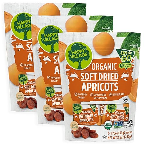 Happy Village Organic Soft Dried Apricots On the Go - 3 Bags (15 Individual Portion Packs) | Healthy, Organic, Non-GMO, Vegan, Kosher, Gluten-Free