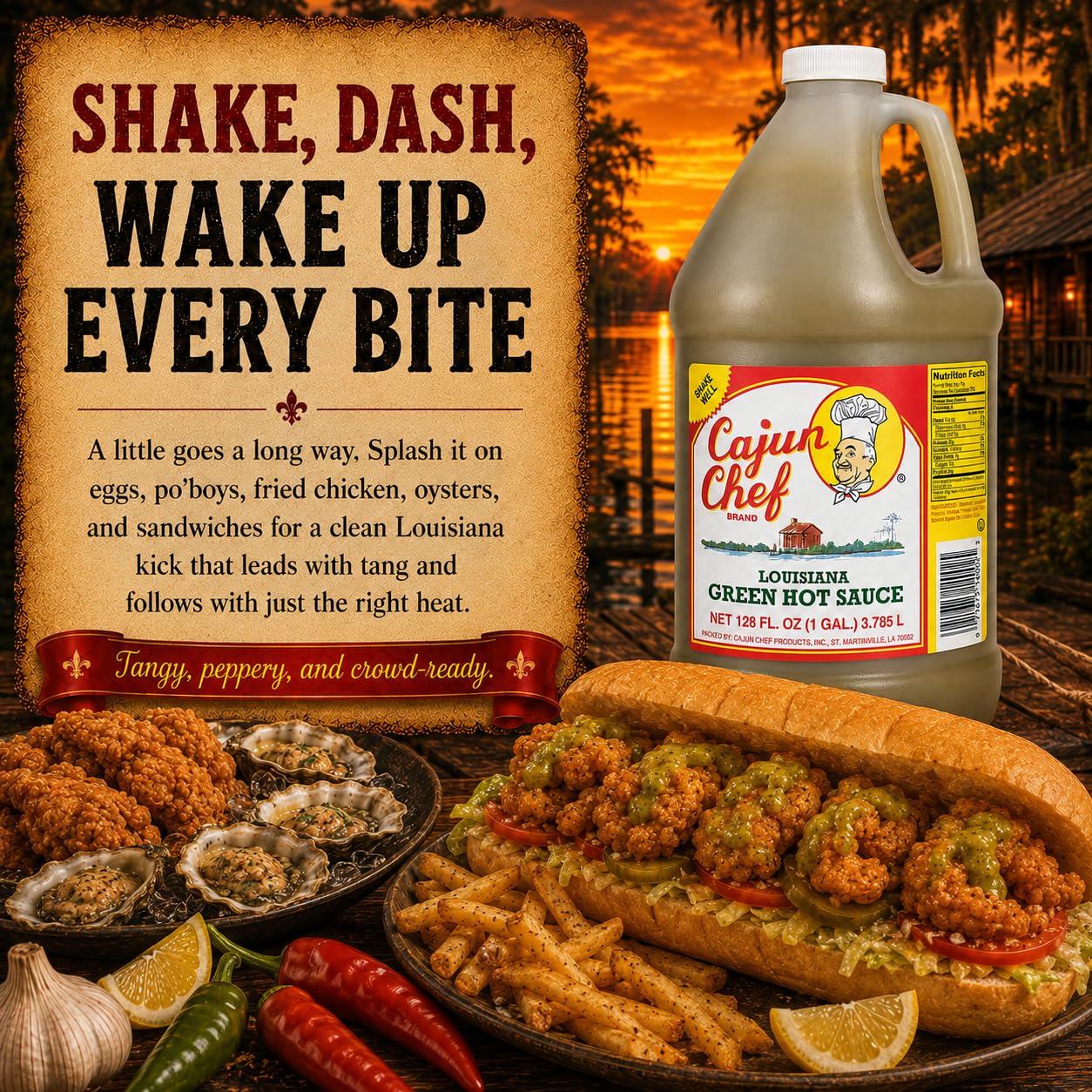 Cajun Chef Green Louisiana Hot Sauce 128 oz, 1 Gallon Mild Green Cayenne Pepper Sauce Made with Louisiana Peppers, Cajun Style Hot Sauce for Gumbo