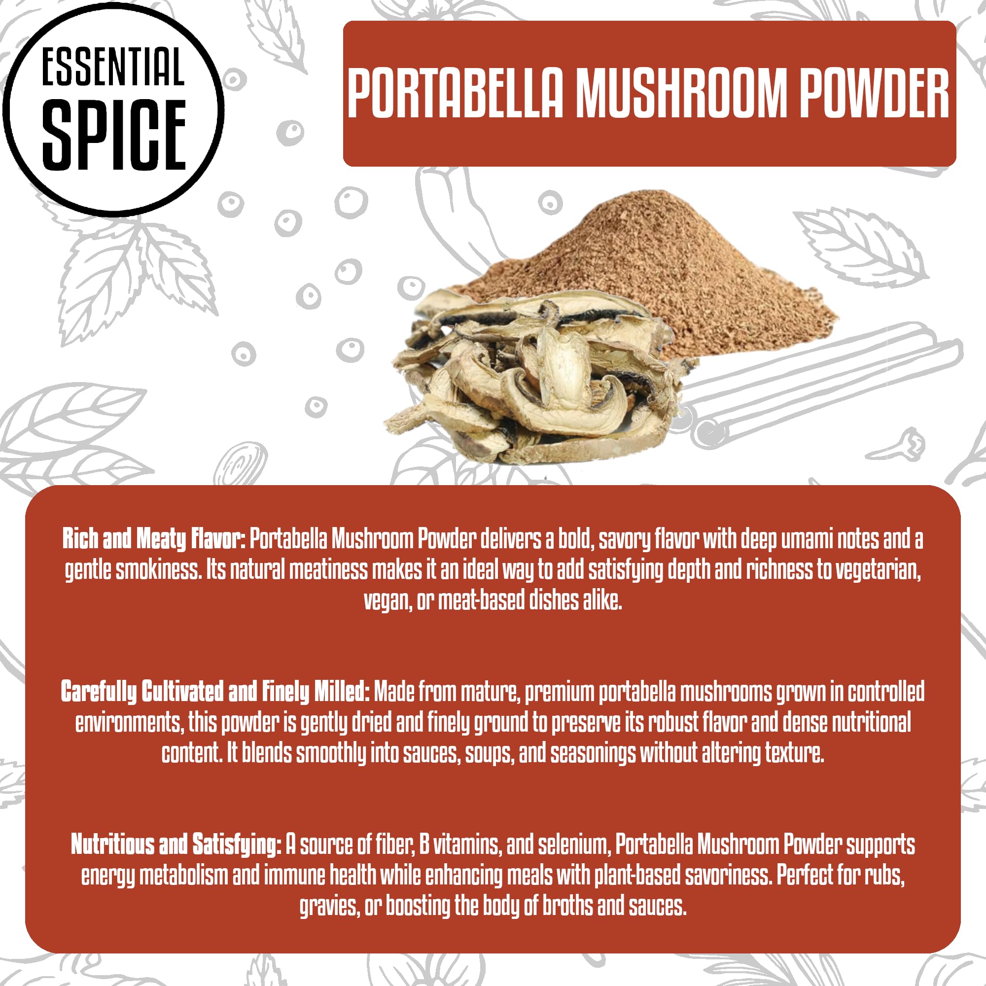 Essential Spice Portabella Mushroom Powder - Earthy, Umami-Rich Flavor - Perfect for Seasoning, Sauces, Soups, Gravies & Blends - Finely Ground