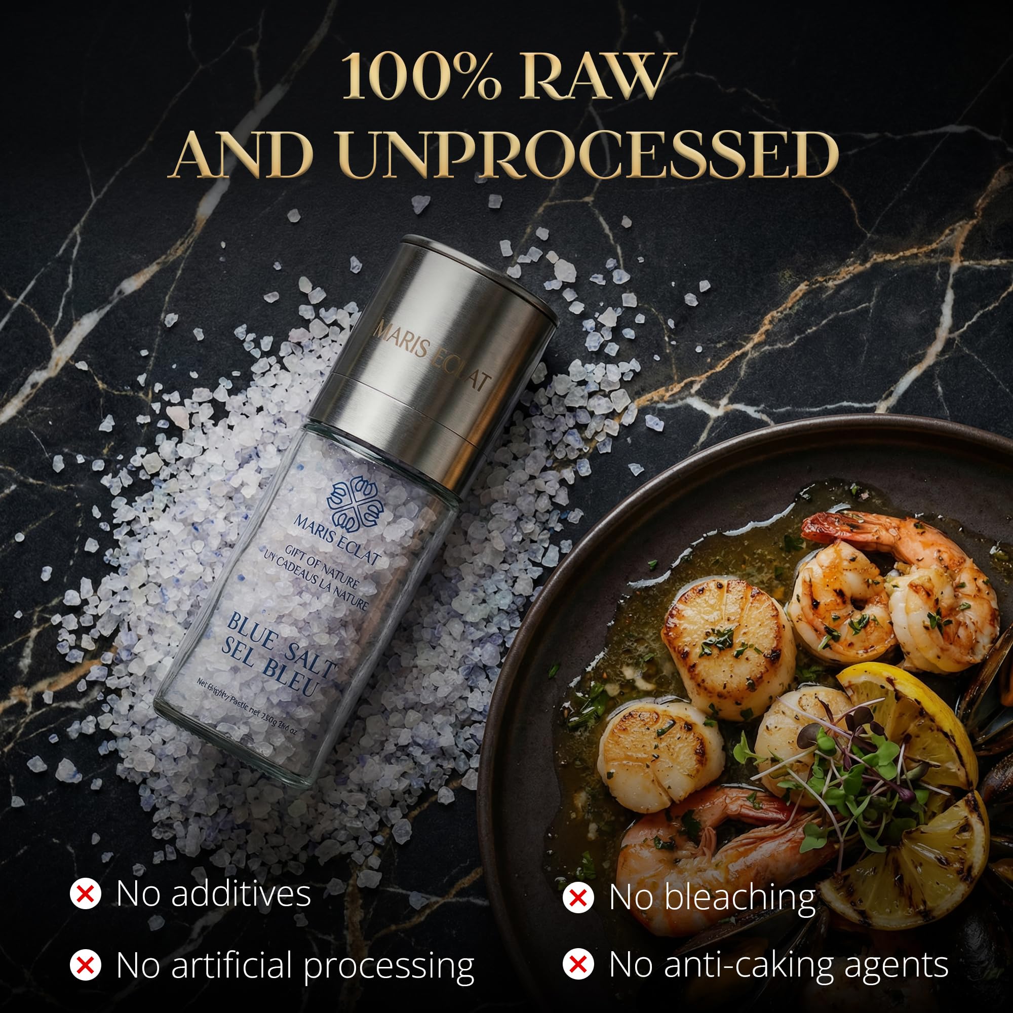 Maris Eclat Blue Salt - Premium Gourmet Mineral Salt - Refillable Glass Grinder with Stainless Steel Top - Naturally Rich in Potassium, Lower in